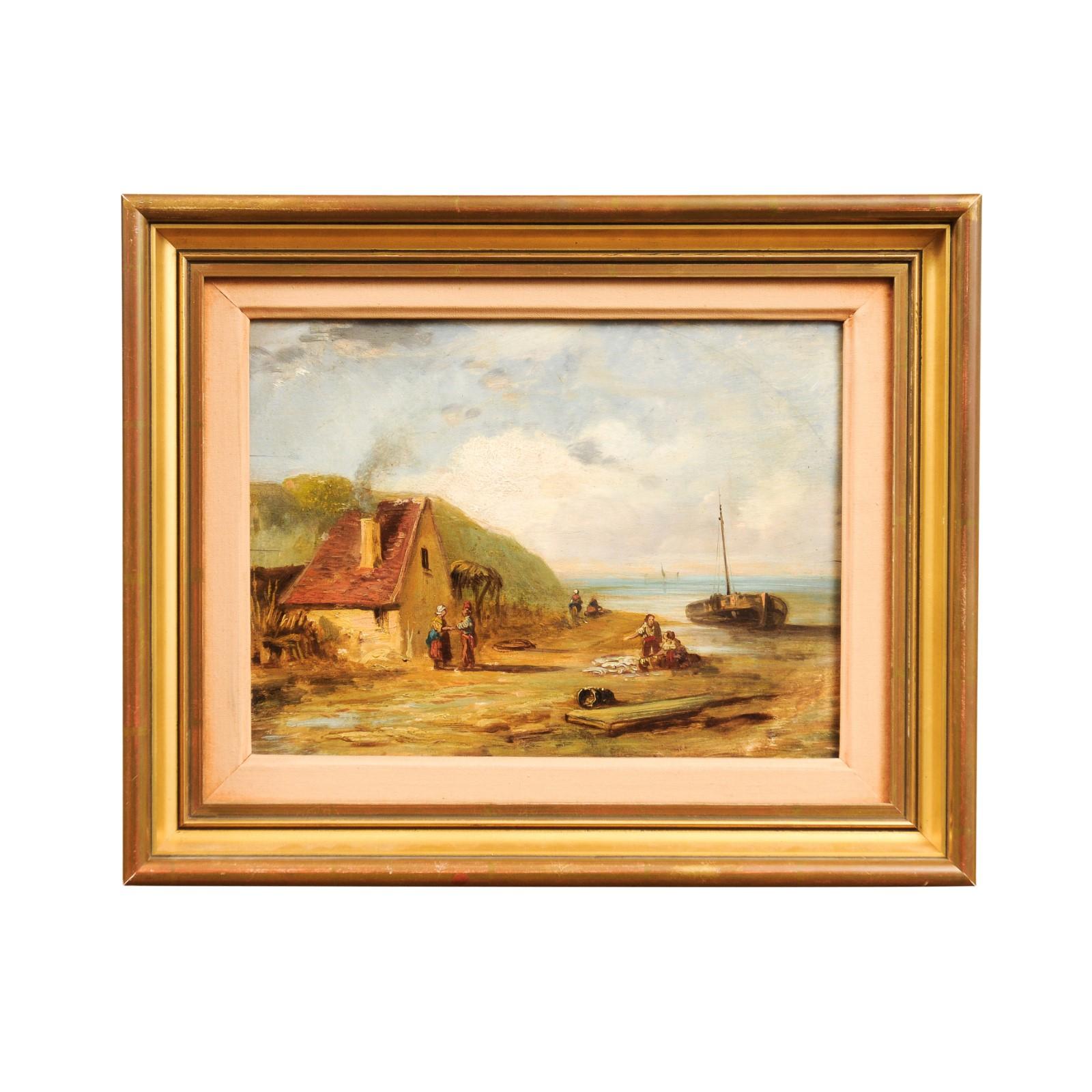A French 19th century framed oil on panel painting depicting a scene of village life by the sea, under a cloudy sky. Exuding a tranquil ambiance with undertones of bustling daily life, this exquisite 19th-century French oil on panel painting invites