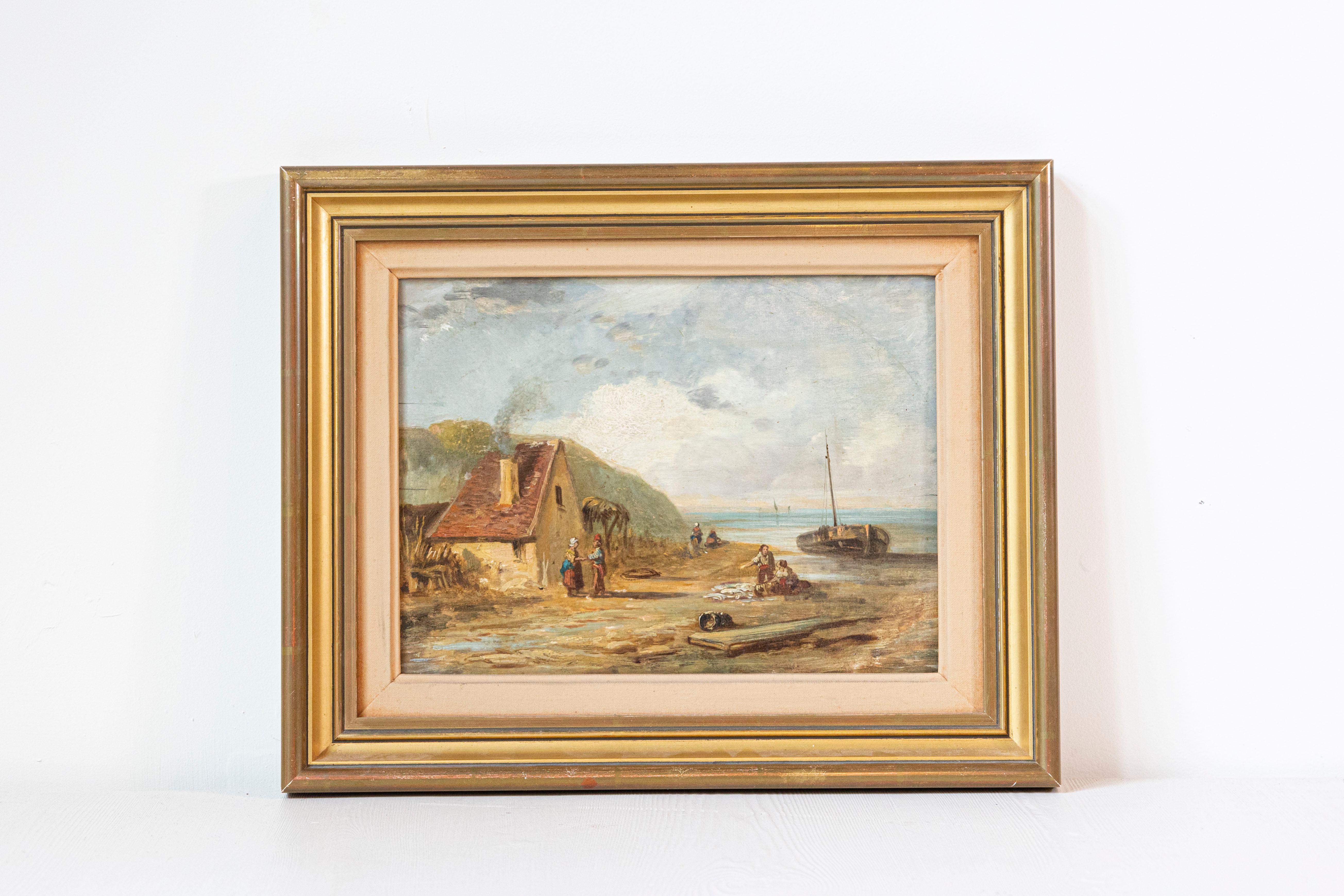 A French 19th century framed oil on panel painting depicting a scene of village life by the sea, under a cloudy sky. Exuding a tranquil ambiance with undertones of bustling daily life, this exquisite 19th-century French oil on panel painting invites