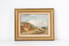 French 19th Century Framed Oil On Panel Painting Depicting a Village by the Sea