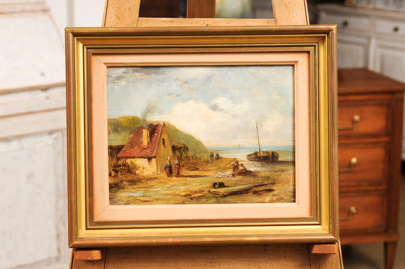 Gilt French 19th Century Framed Oil On Panel Painting Depicting a Village by the Sea For Sale