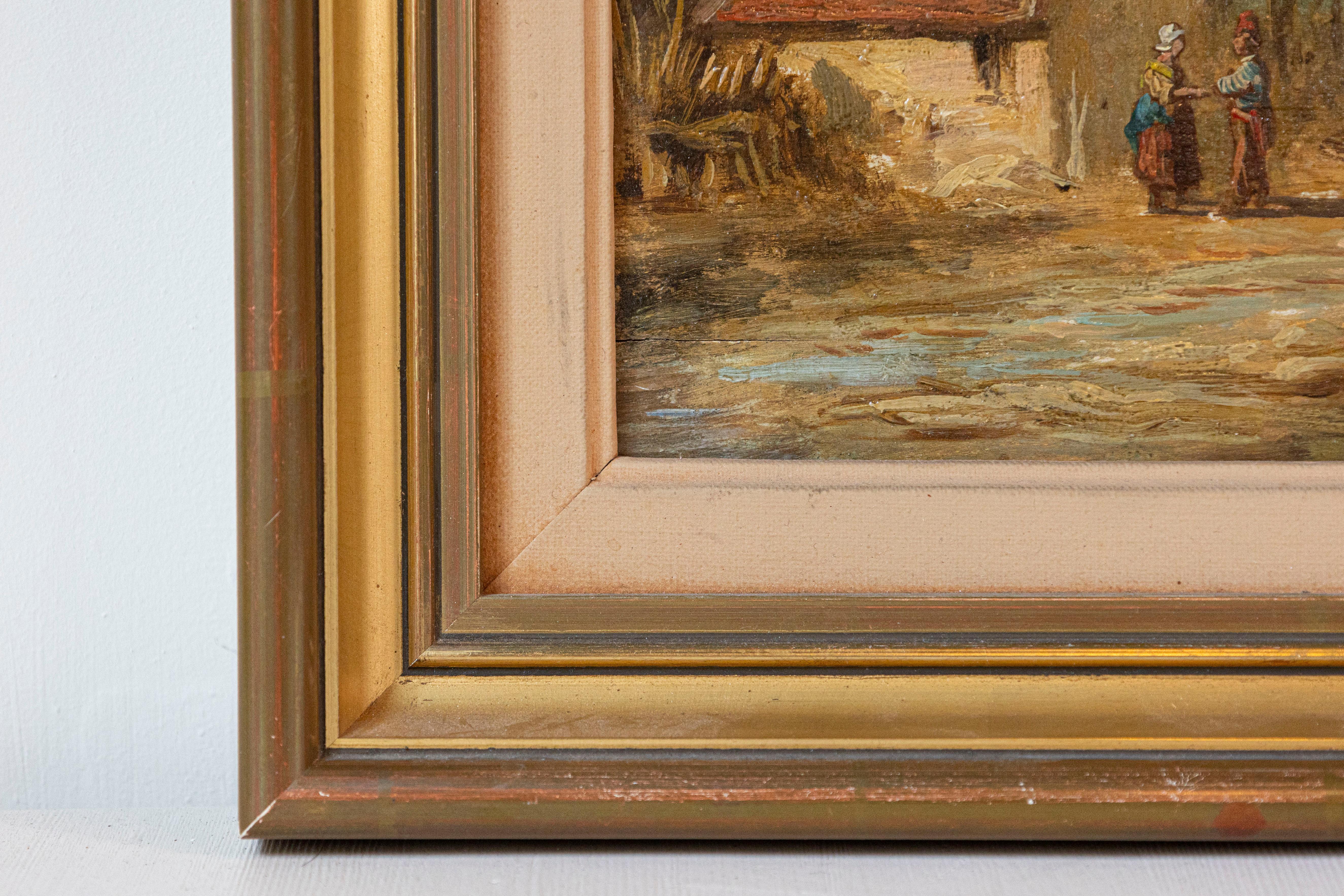 Gilt French 19th Century Framed Oil On Panel Painting Depicting a Village by the Sea For Sale