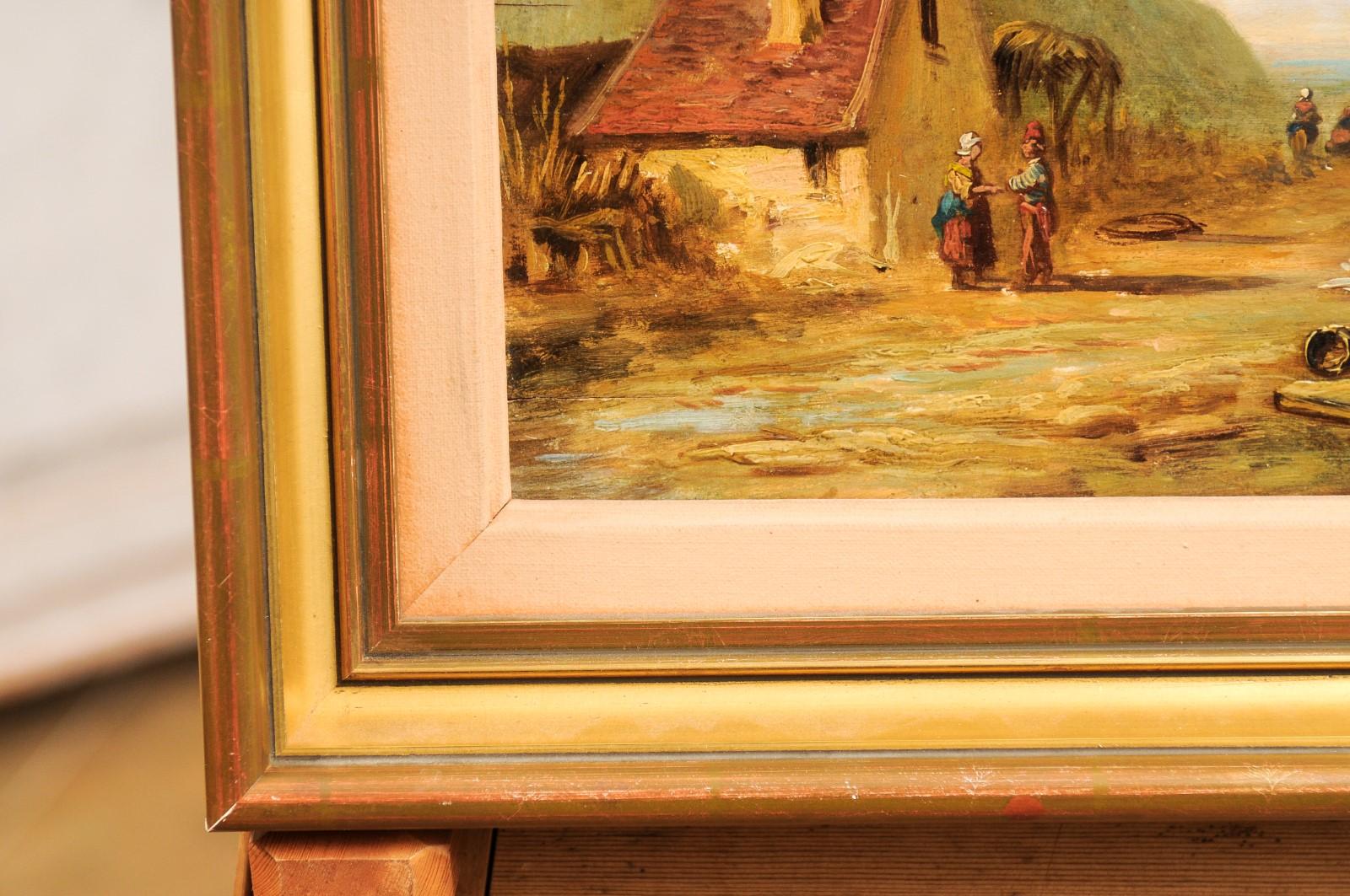 French 19th Century Framed Oil On Panel Painting Depicting a Village by the Sea In Good Condition For Sale In Atlanta, GA