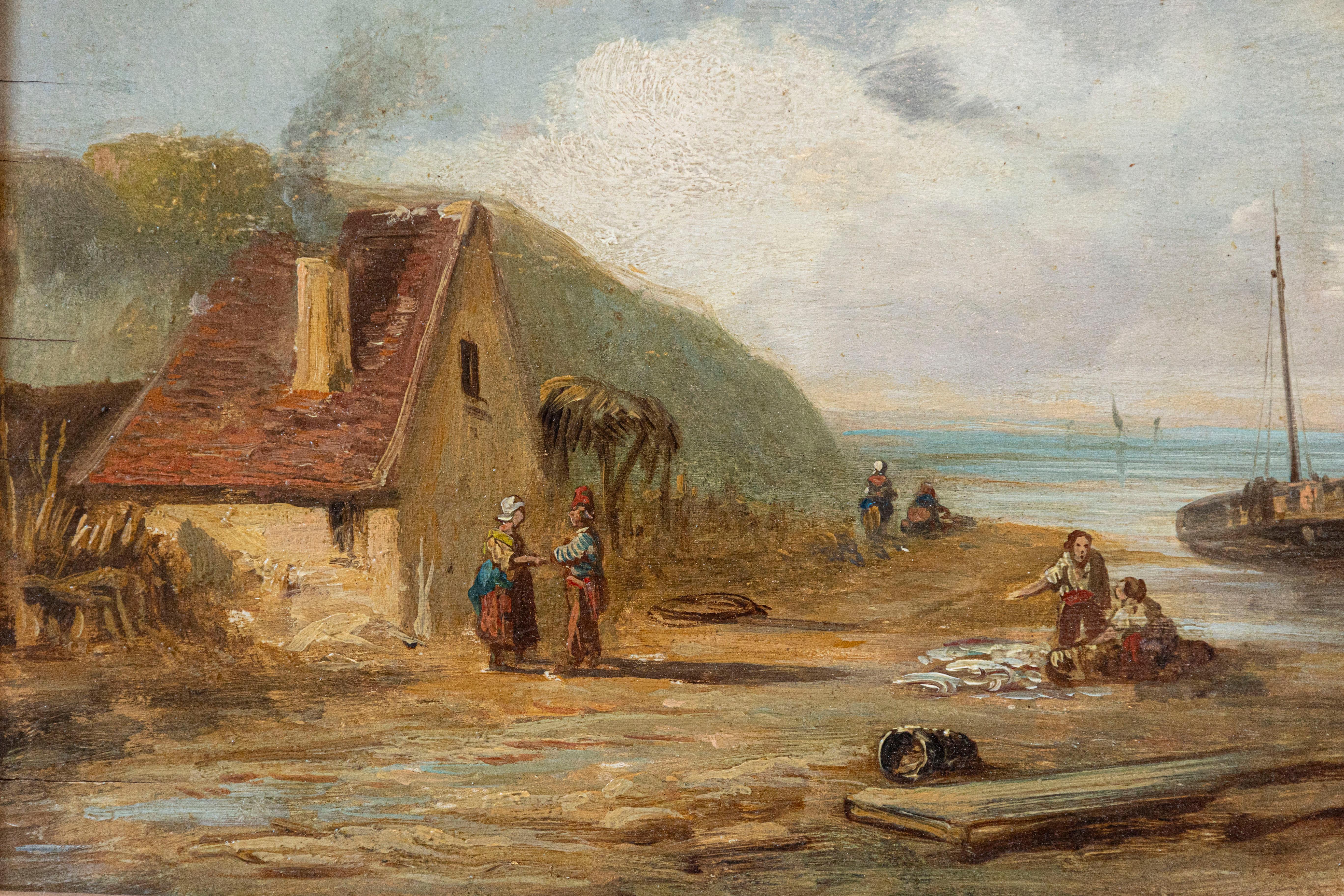 French 19th Century Framed Oil On Panel Painting Depicting a Village by the Sea In Good Condition For Sale In Atlanta, GA