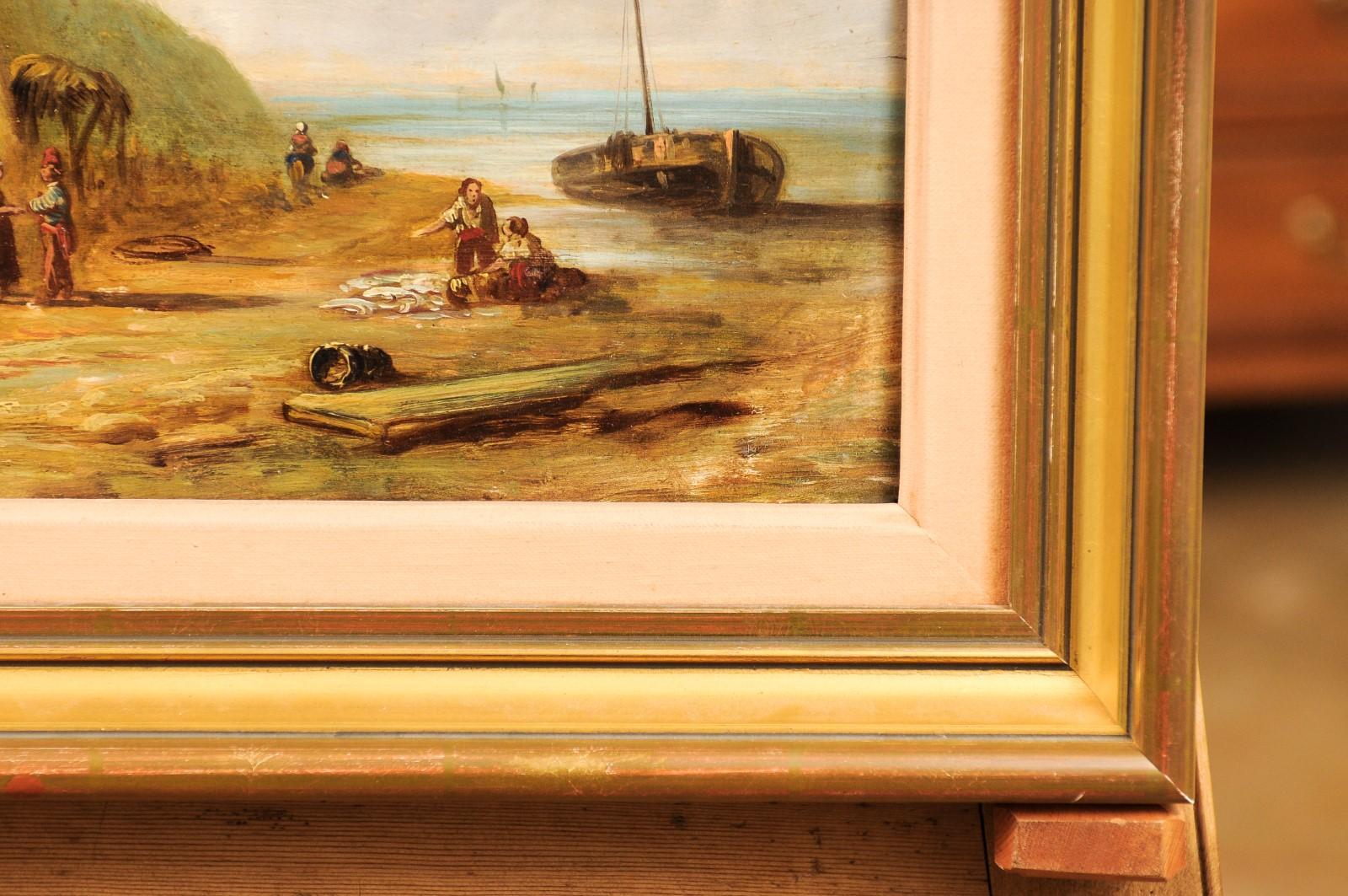 Wood French 19th Century Framed Oil On Panel Painting Depicting a Village by the Sea For Sale