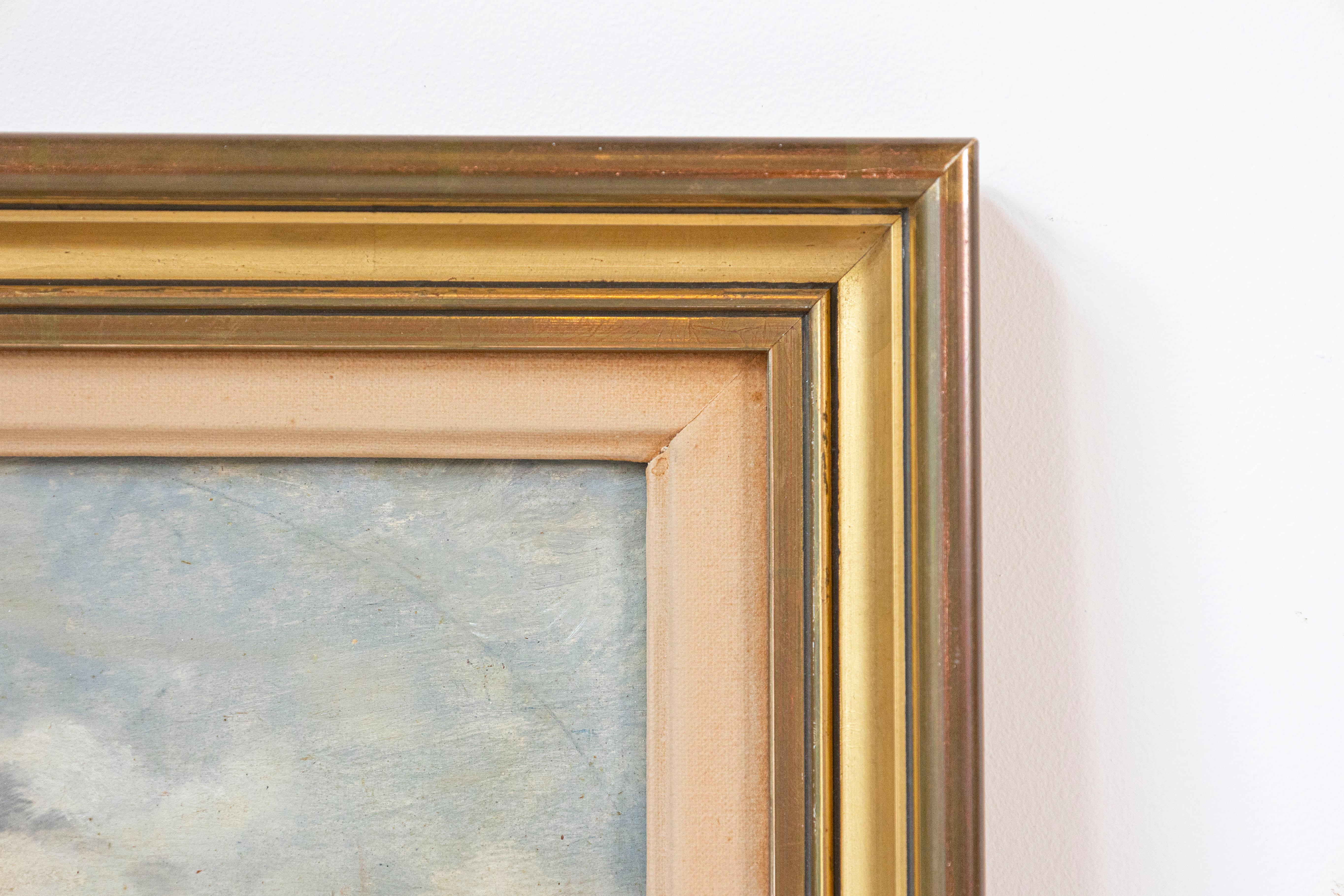 Wood French 19th Century Framed Oil On Panel Painting Depicting a Village by the Sea For Sale