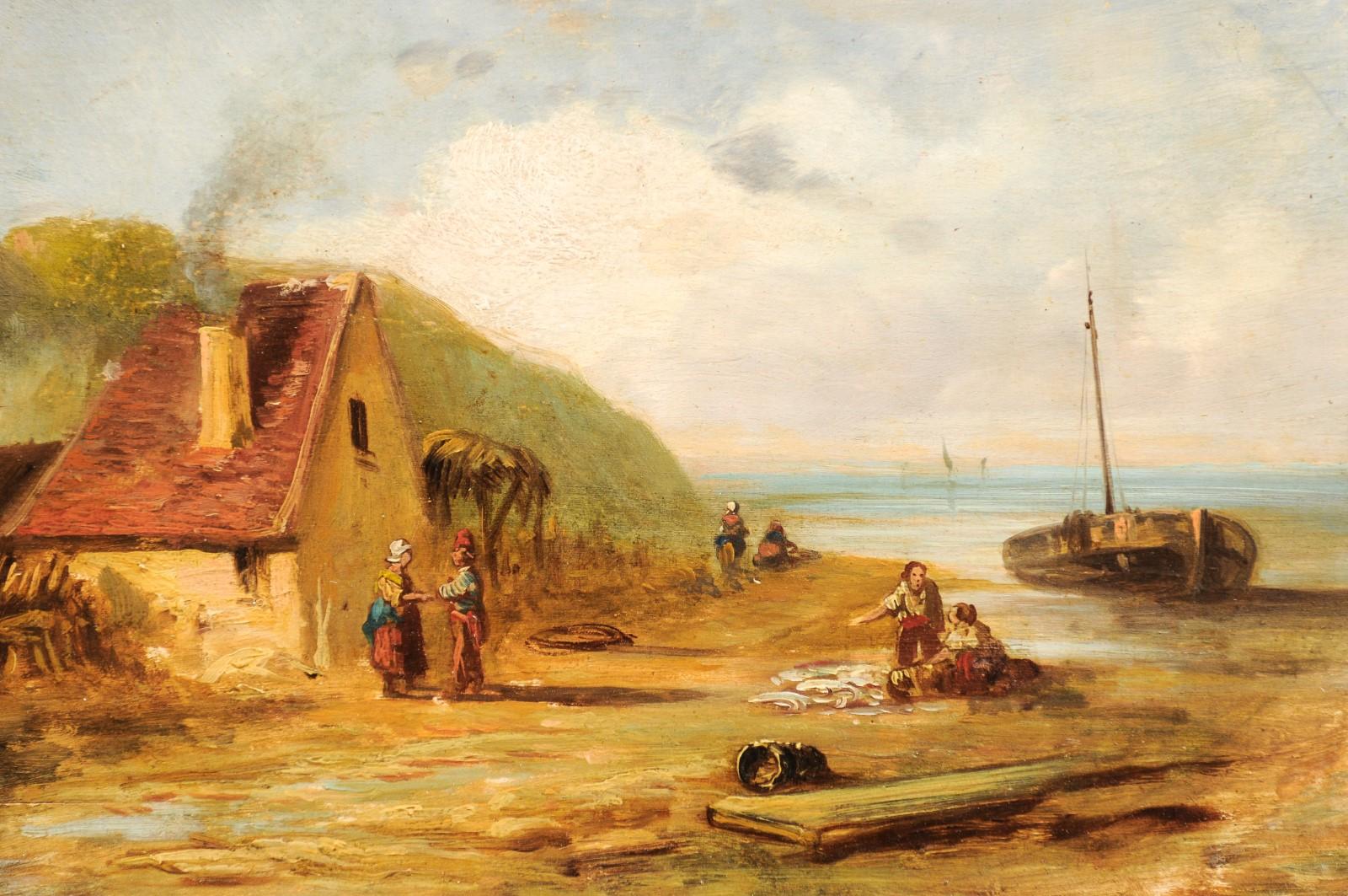 French 19th Century Framed Oil On Panel Painting Depicting a Village by the Sea For Sale 2