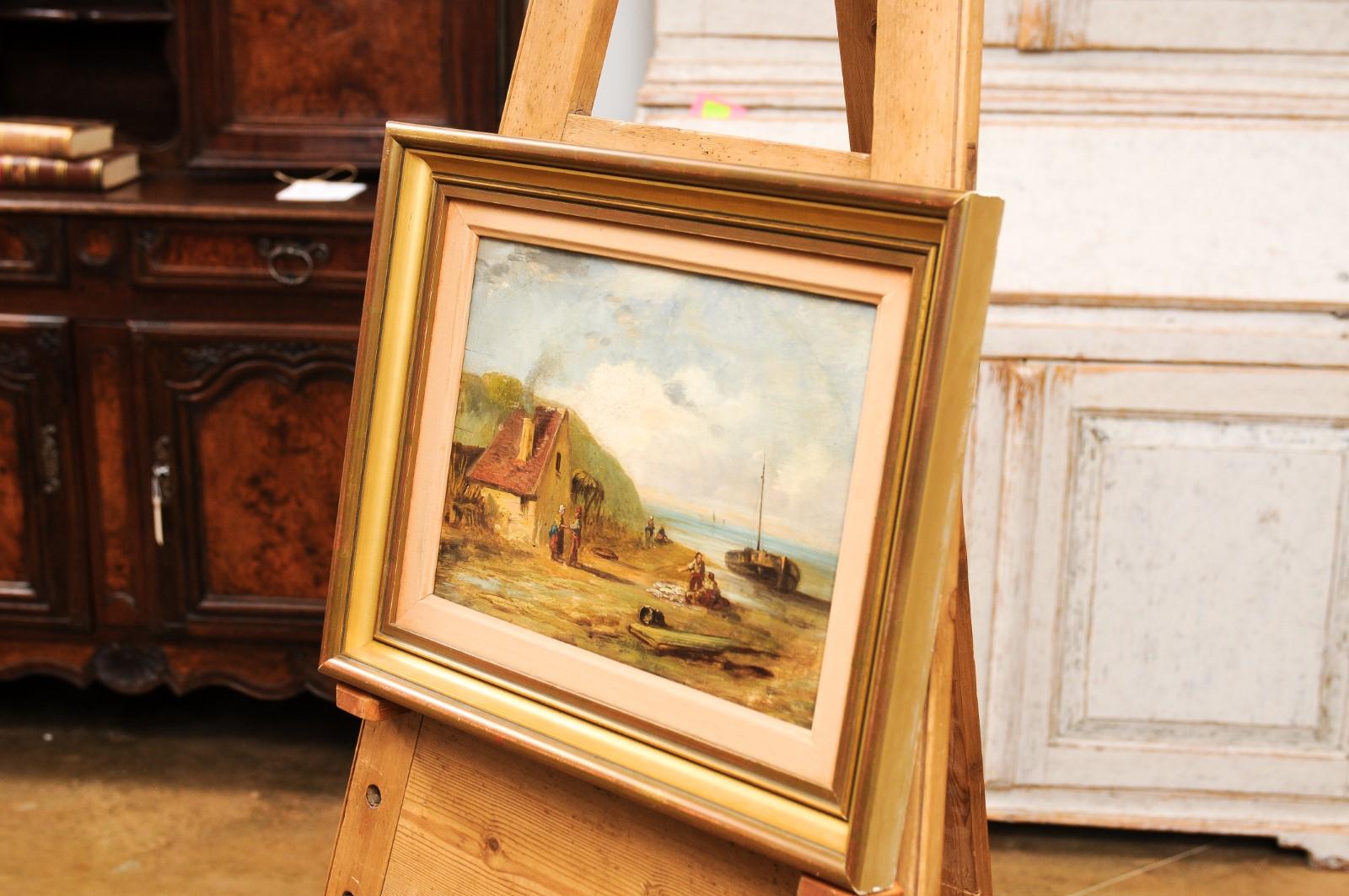 French 19th Century Framed Oil On Panel Painting Depicting a Village by the Sea For Sale 3
