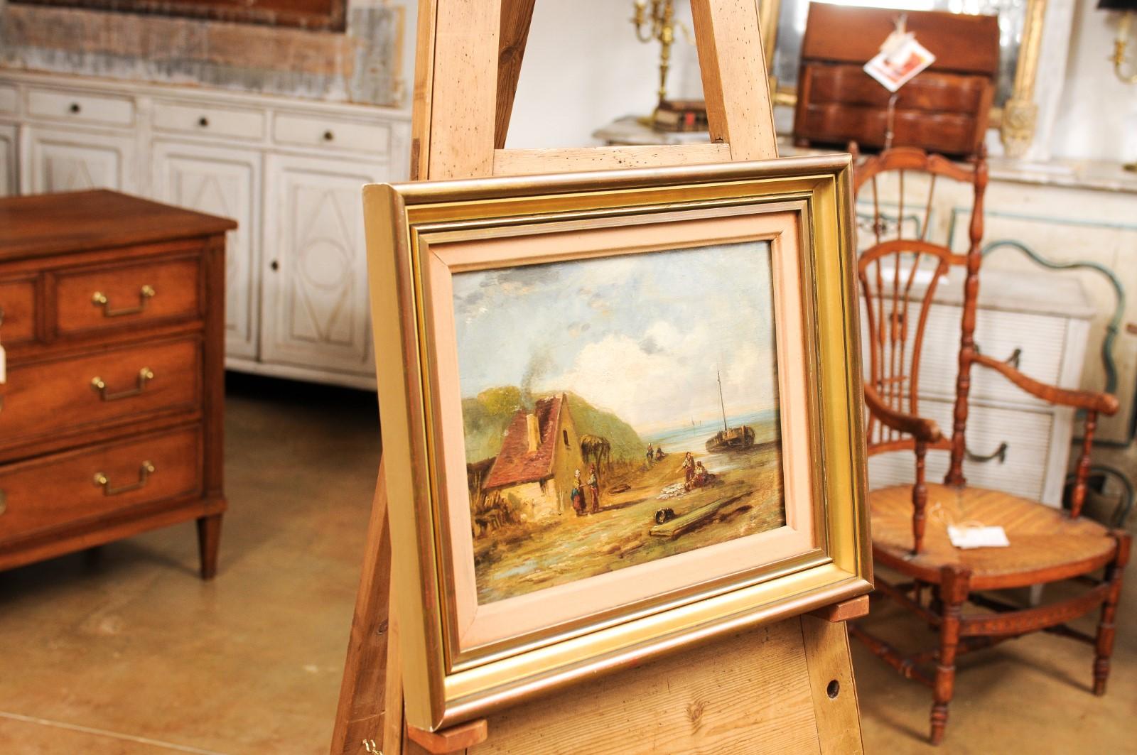 French 19th Century Framed Oil On Panel Painting Depicting a Village by the Sea For Sale 4