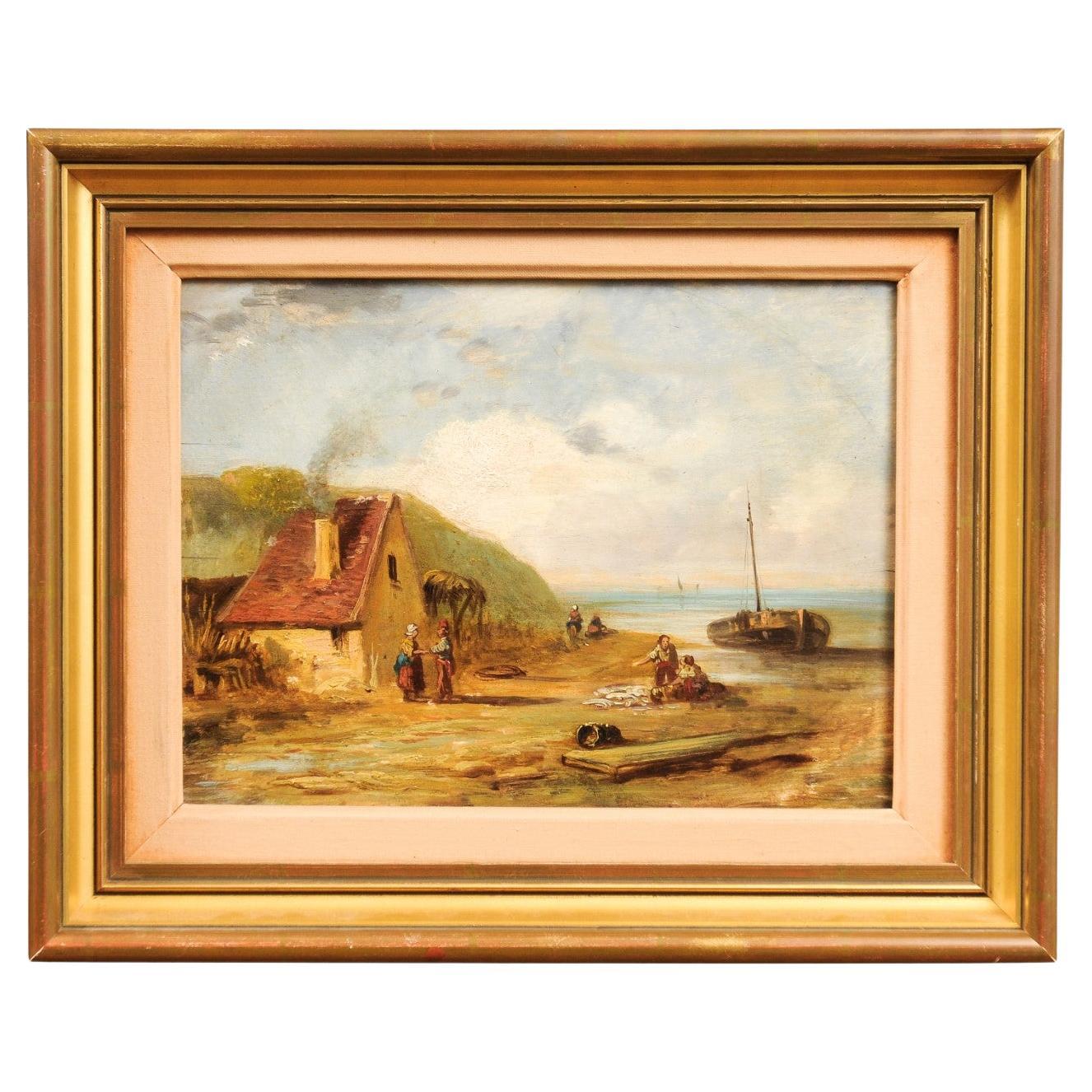 Peinture à l'huile sur panneau encadrée du 19ème siècle représentant un village en bord de mer