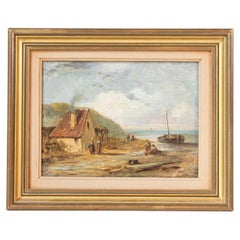 French 19th Century Framed Oil On Panel Painting Depicting a Village by the Sea