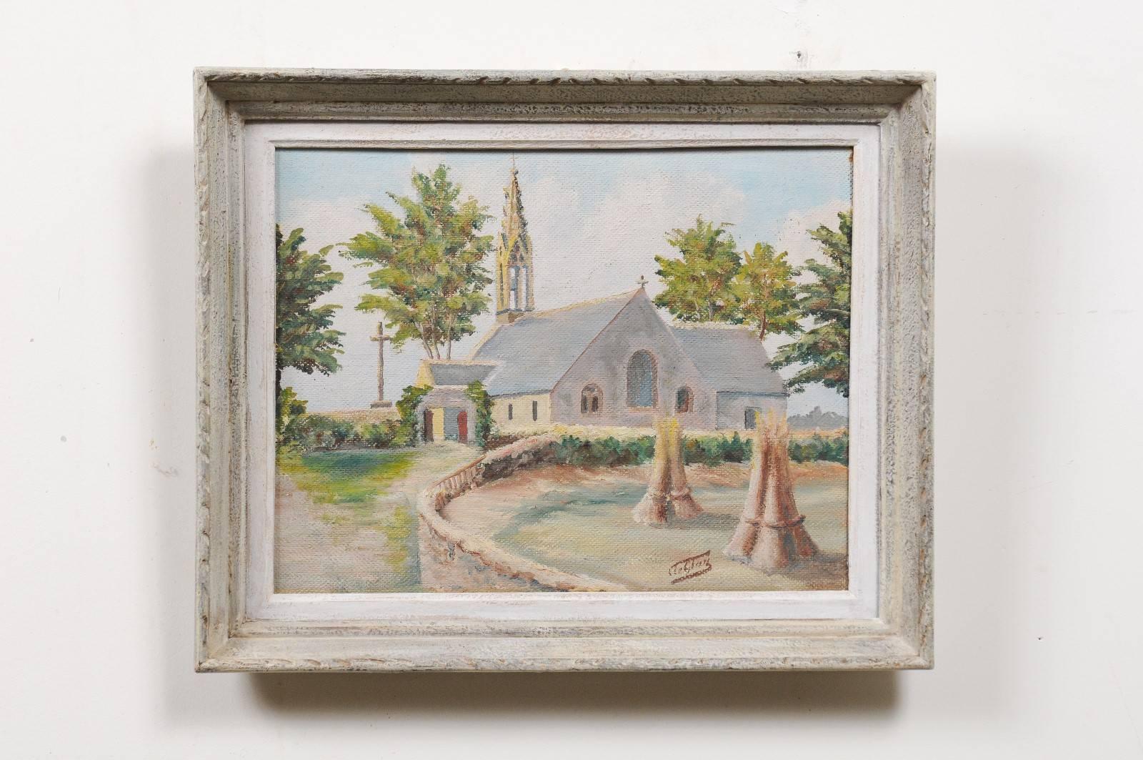A French 19th century framed oil on wood painting depicting the chapel of Trémalo near Pont-Aven, Brittany. This petite French oil on wood painting depicts a chapel located near the artistic town of Pont-Aven in Northwestern France. Famous for its
