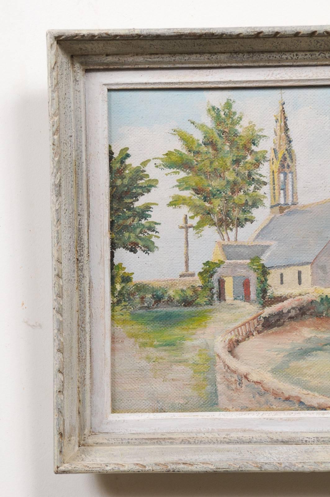 Wood French 19th Century Framed Oil Painting of a Chapel Near Pont-Aven, Brittany