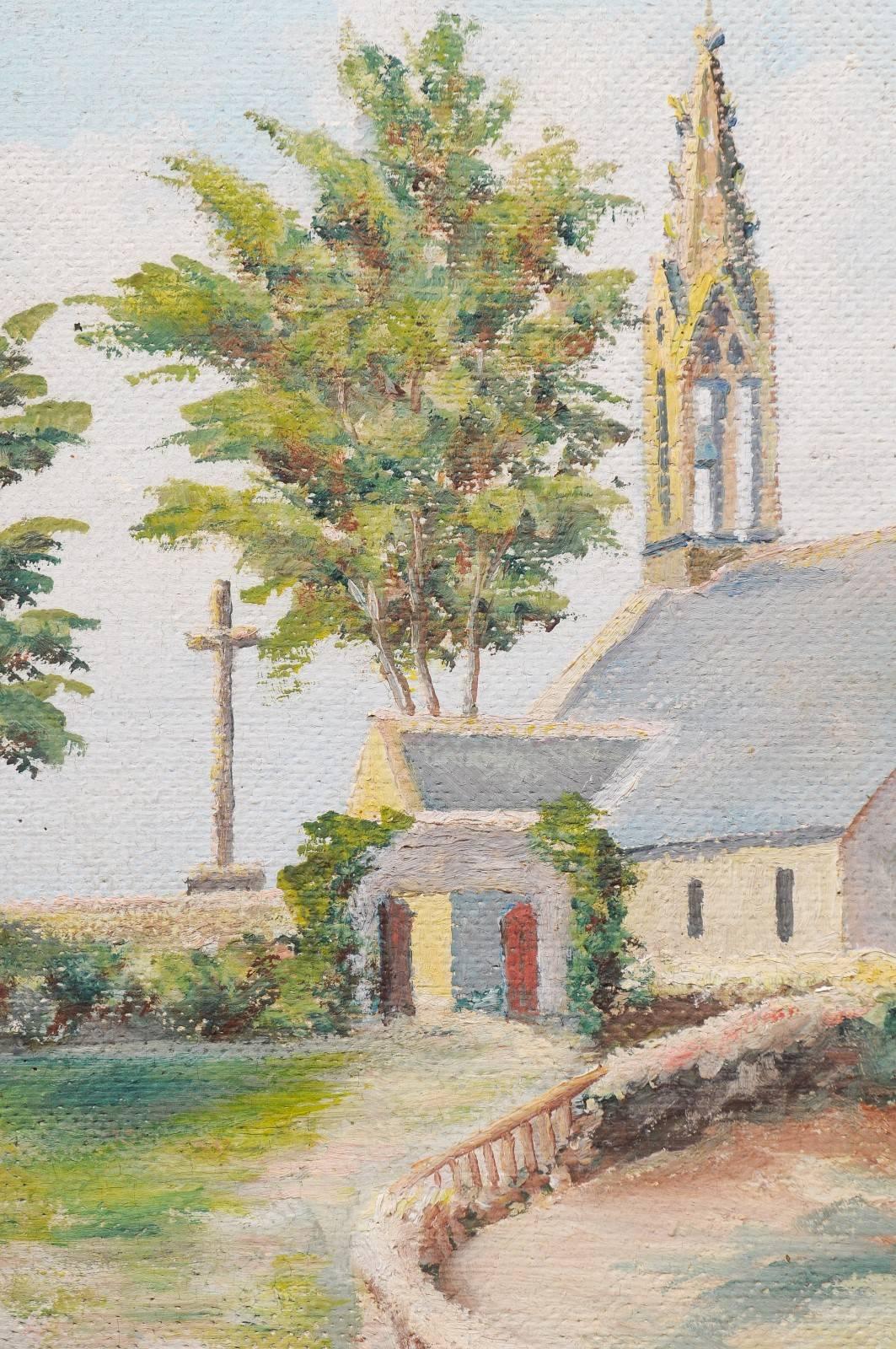 French 19th Century Framed Oil Painting of a Chapel Near Pont-Aven, Brittany 4