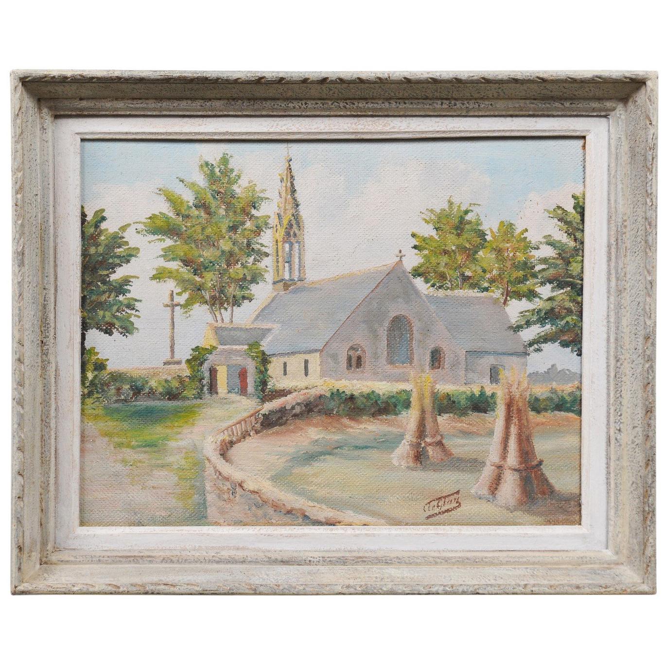 French 19th Century Framed Oil Painting of a Chapel Near Pont-Aven, Brittany