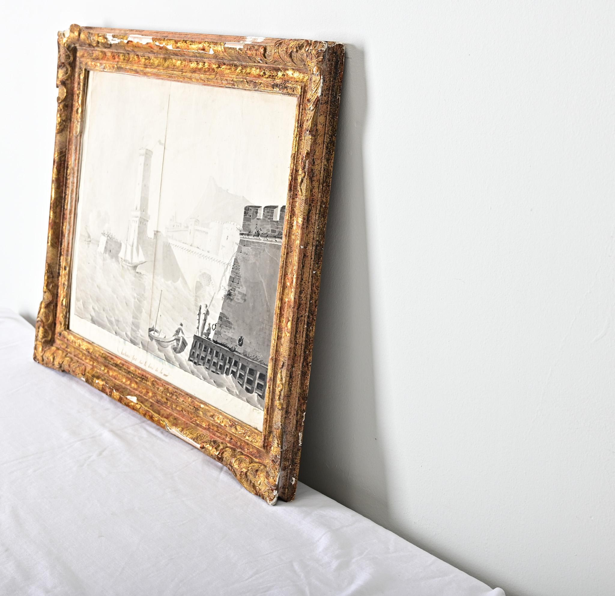 Glass French 19th Century Framed Seaside Lithograph For Sale