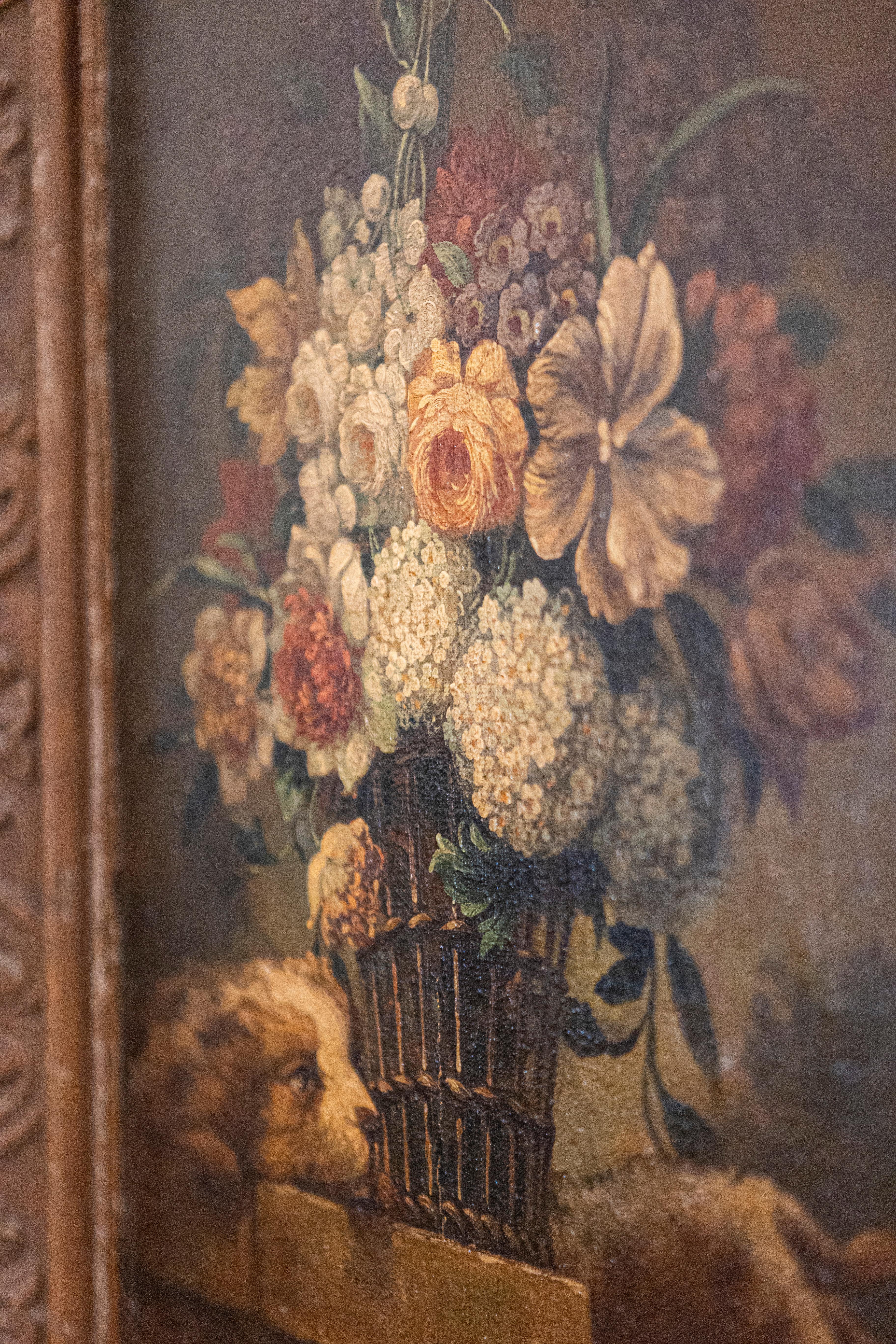 French 19th Century Framed Still-life Floral Painting with Dog and Rabbit Motifs For Sale 7
