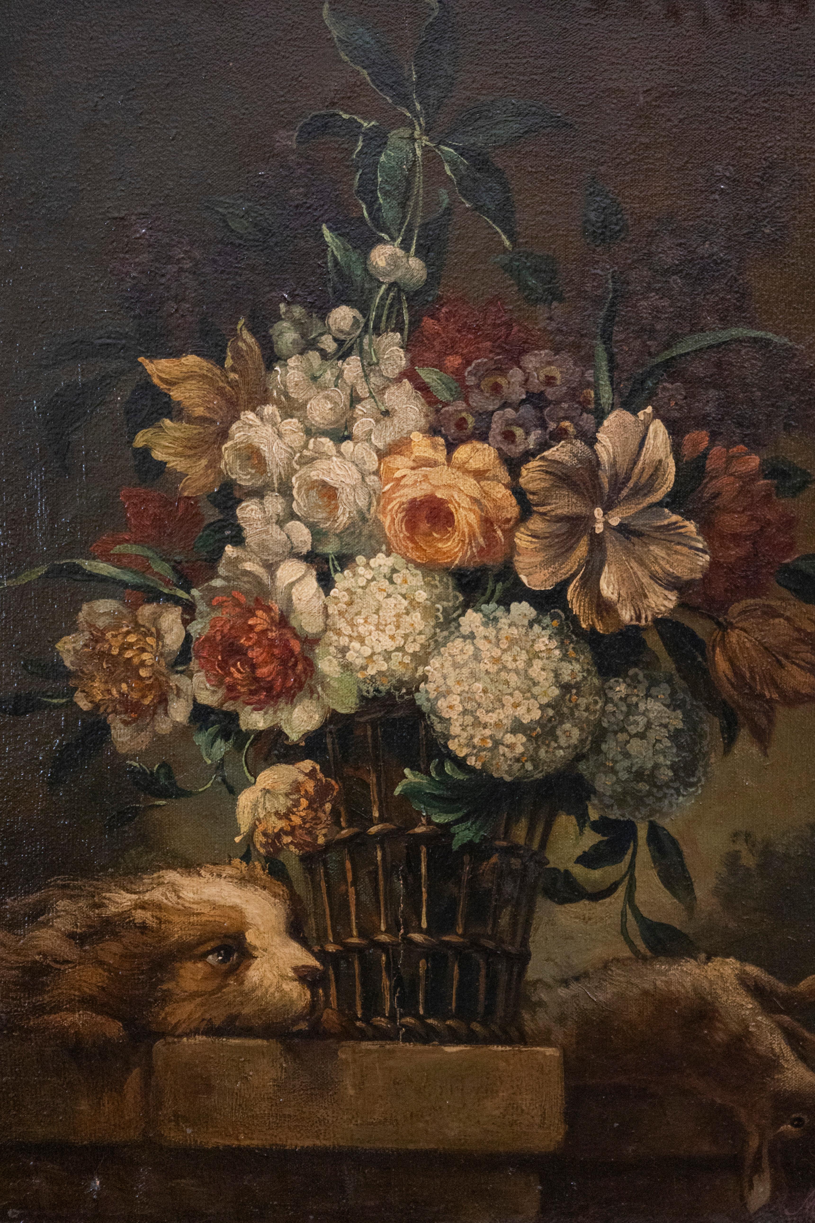 Gerahmtes französisches Blumenstillleben des 19. Jahrhunderts mit Hunde- und Kaninchenmotiven (Louis XV.) im Angebot