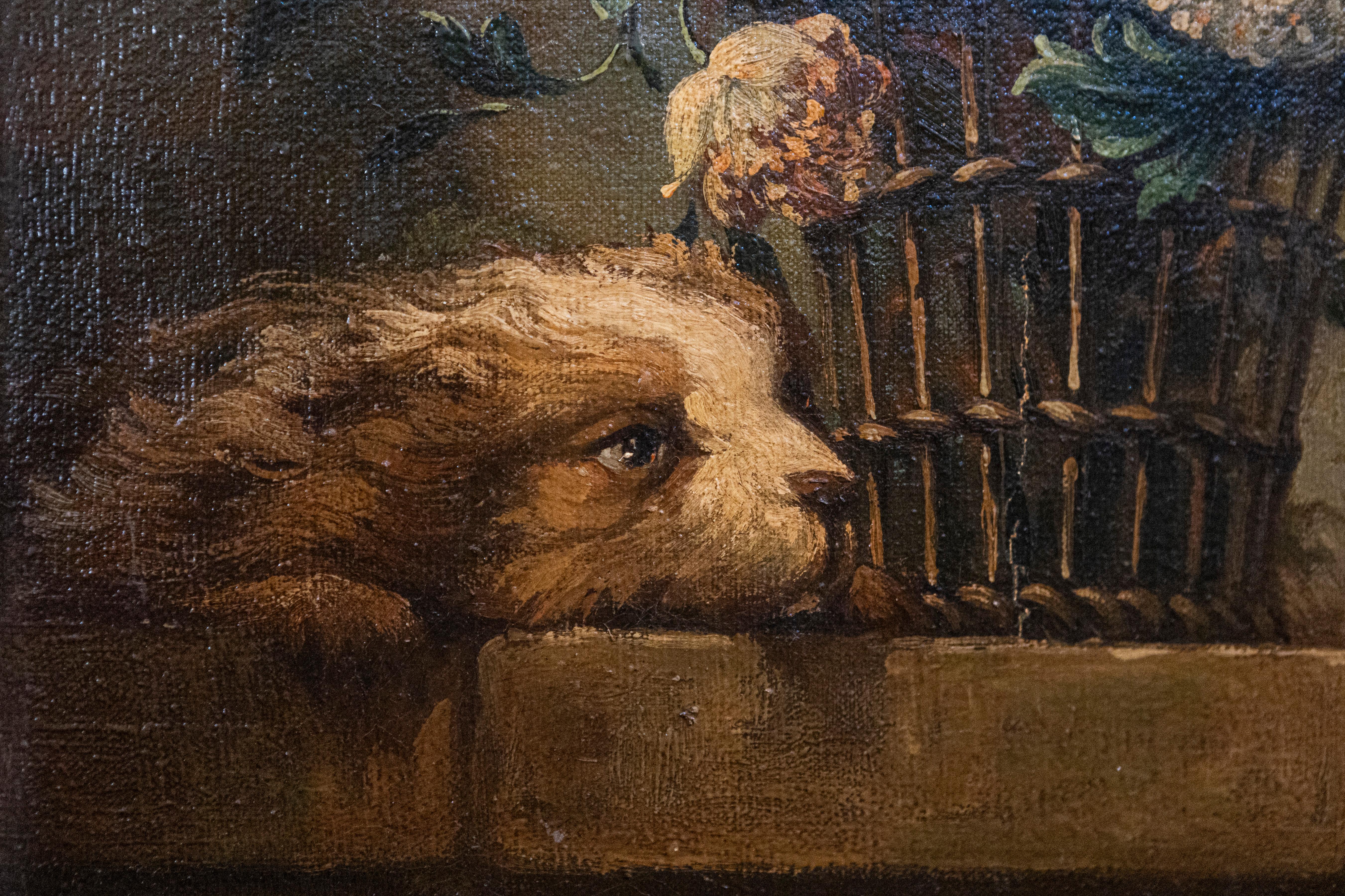Gerahmtes französisches Blumenstillleben des 19. Jahrhunderts mit Hunde- und Kaninchenmotiven (Französisch) im Angebot