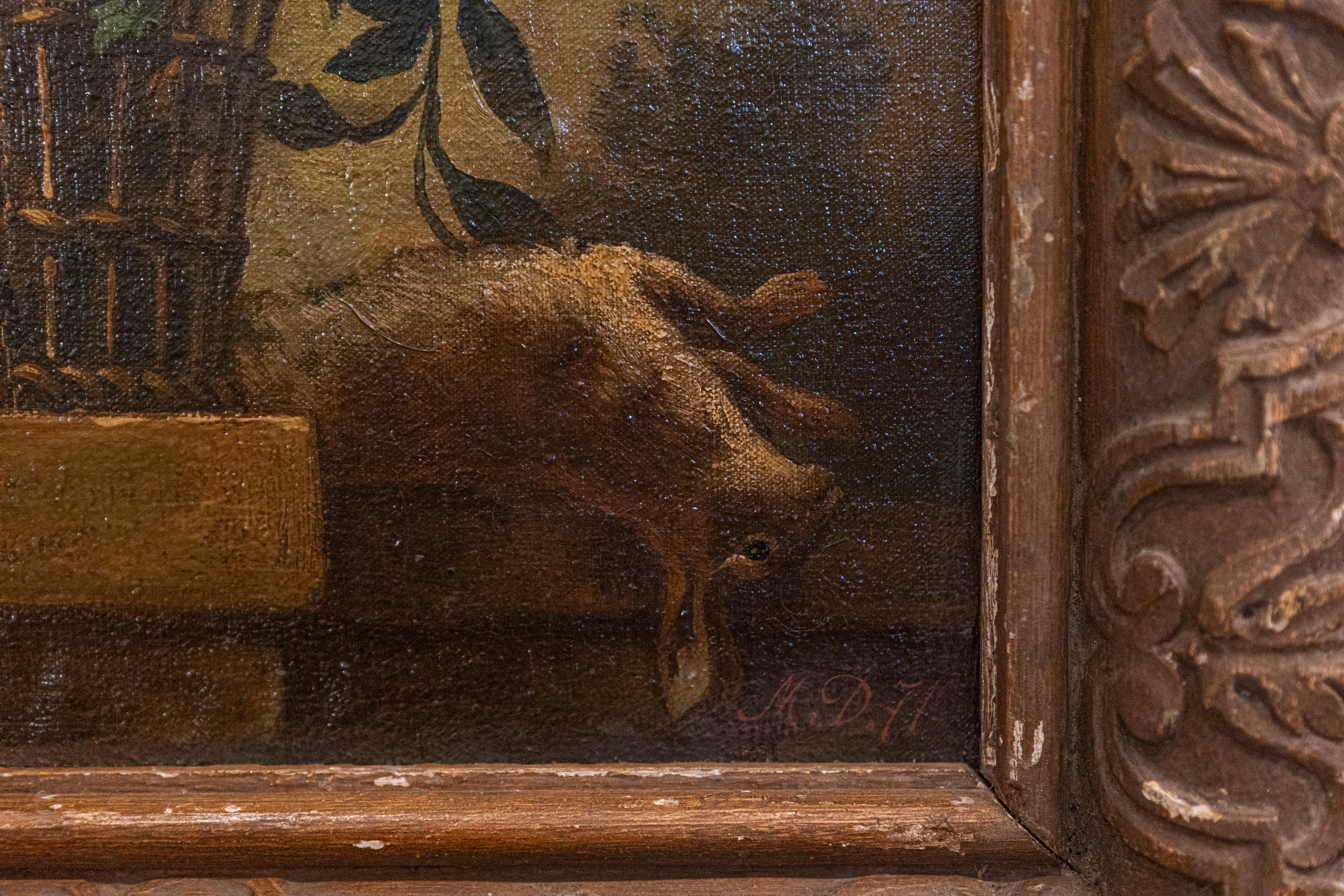 Wood French 19th Century Framed Still-life Floral Painting with Dog and Rabbit Motifs For Sale