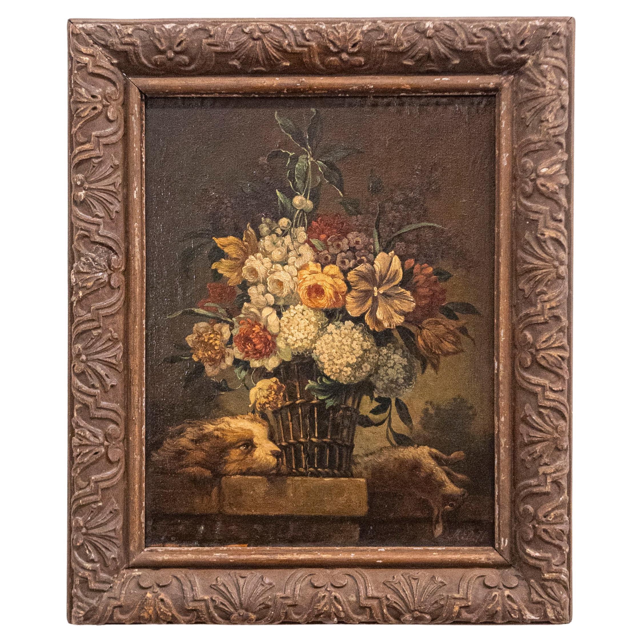 French 19th Century Framed Still-life Floral Painting with Dog and Rabbit Motifs For Sale