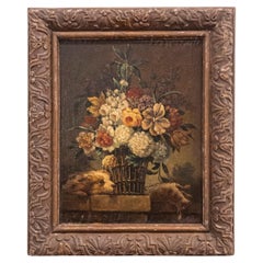 French 19th Century Framed Still-life Floral Painting with Dog and Rabbit Motifs