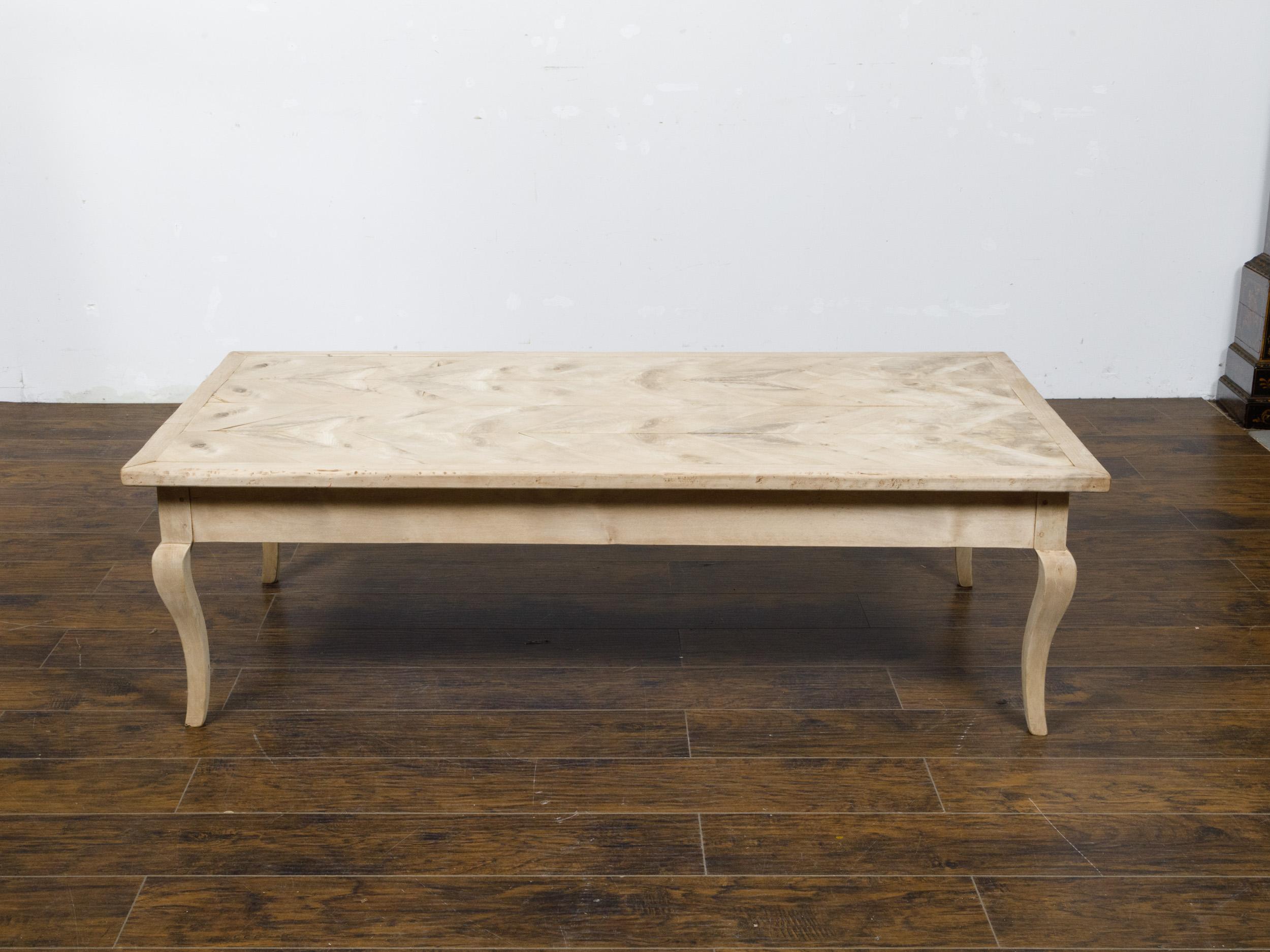 Bleached French 19th Century Fruitwood Coffee Table with Butterfly Veneer and Cabrioles For Sale