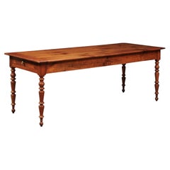 French 19th Century Fruitwood Farm Table with Turned Legs