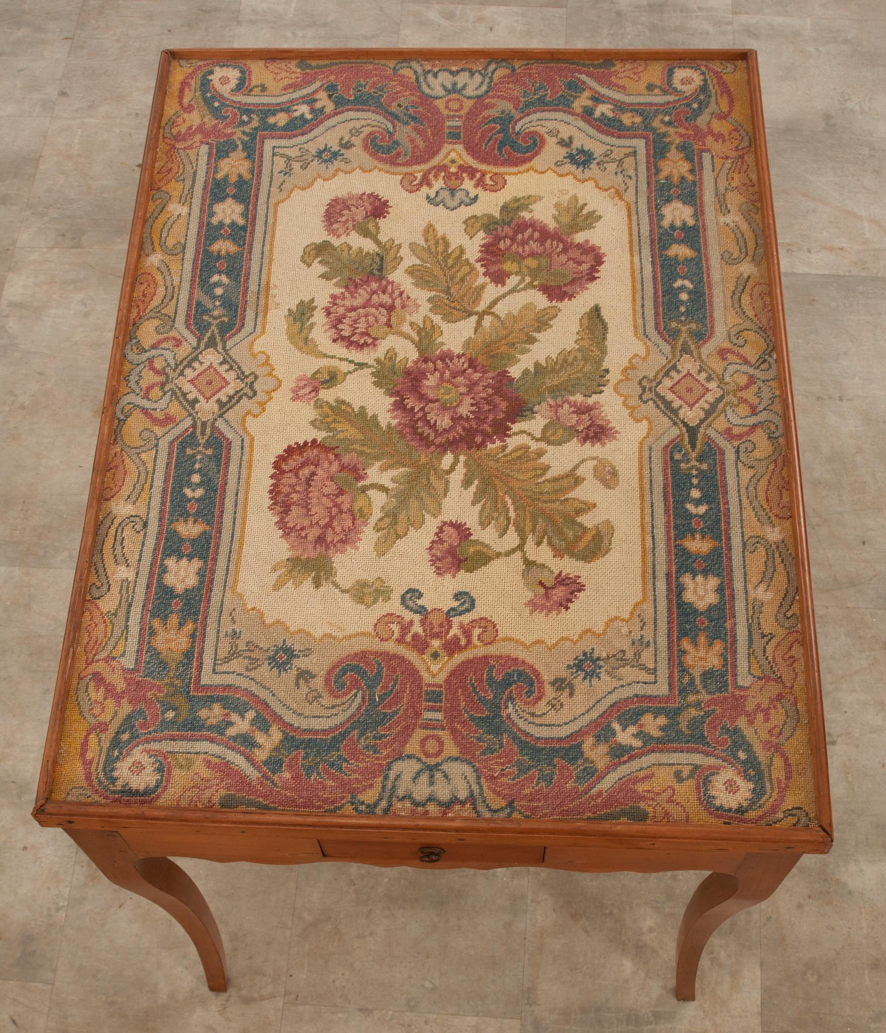 Hand-Crafted French 19th Century Fruitwood Tapestry Tea Table