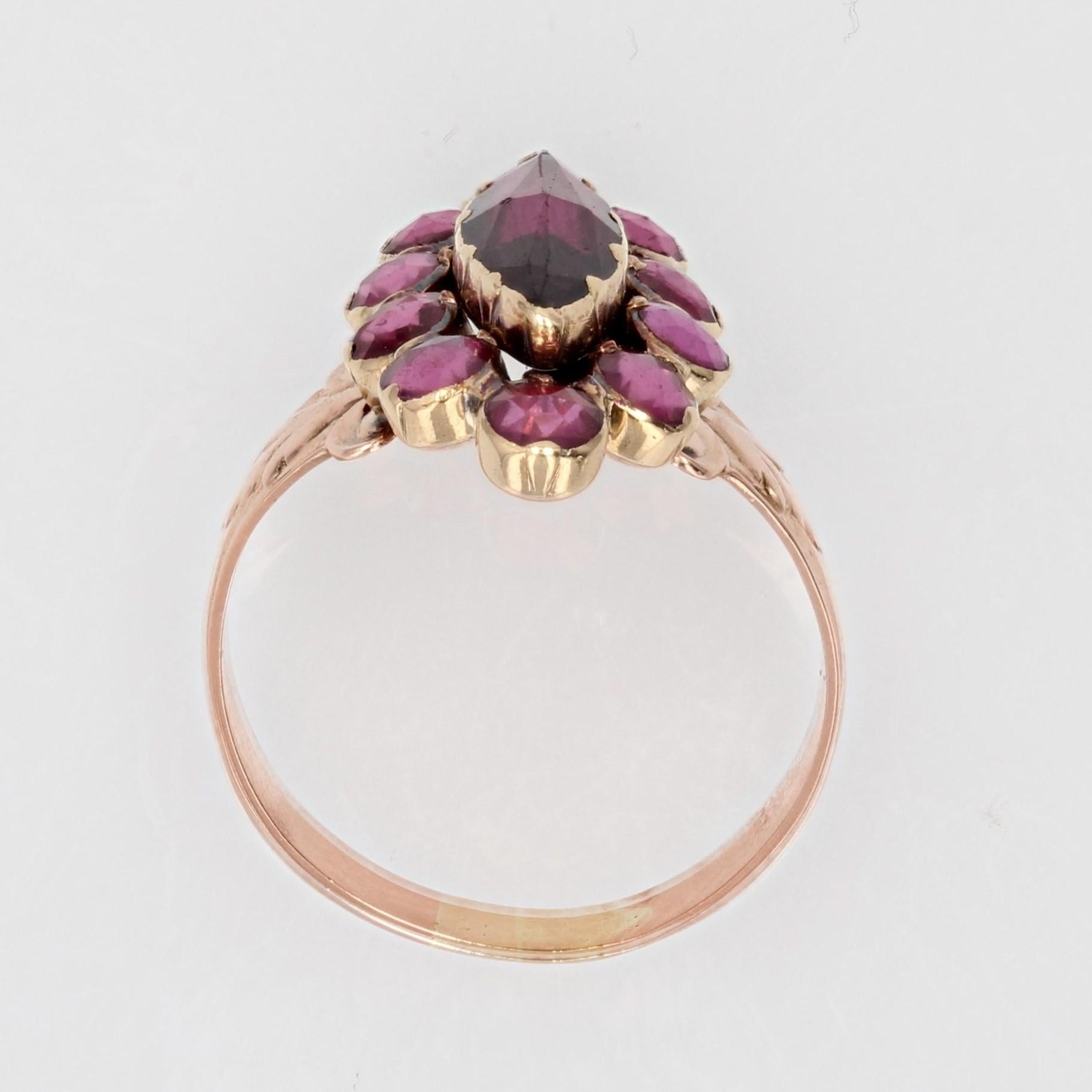 French 19th Century Garnet 18 Karat Rose Gold Marquise Ring For Sale 6