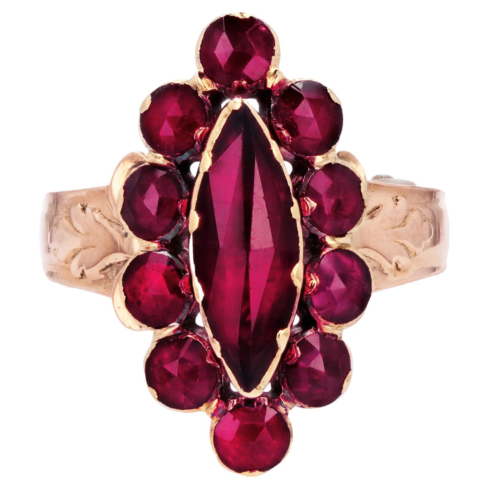 French 19th Century Garnet 18 Karat Rose Gold Marquise Ring For Sale