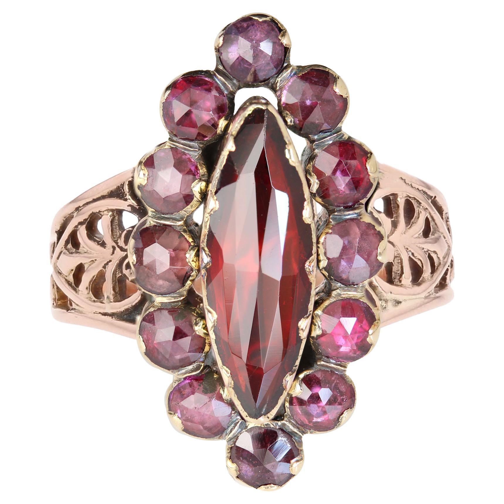 French 19th Century Garnet 18 Karat Rose Gold Marquise Ring
