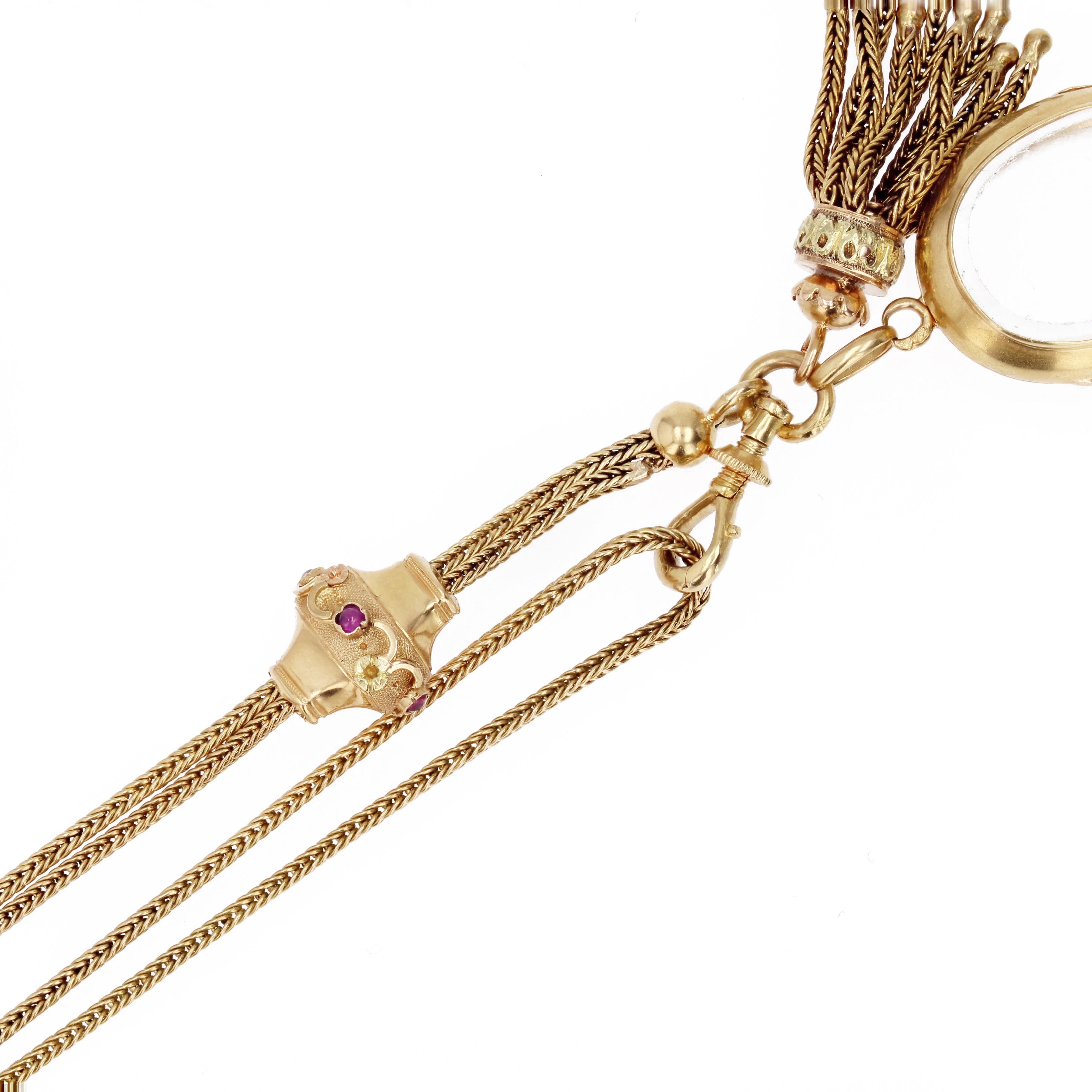 Long collier français du 19ème siècle en or jaune 18 carats avec médaillon et pompon en grenat  en vente 10