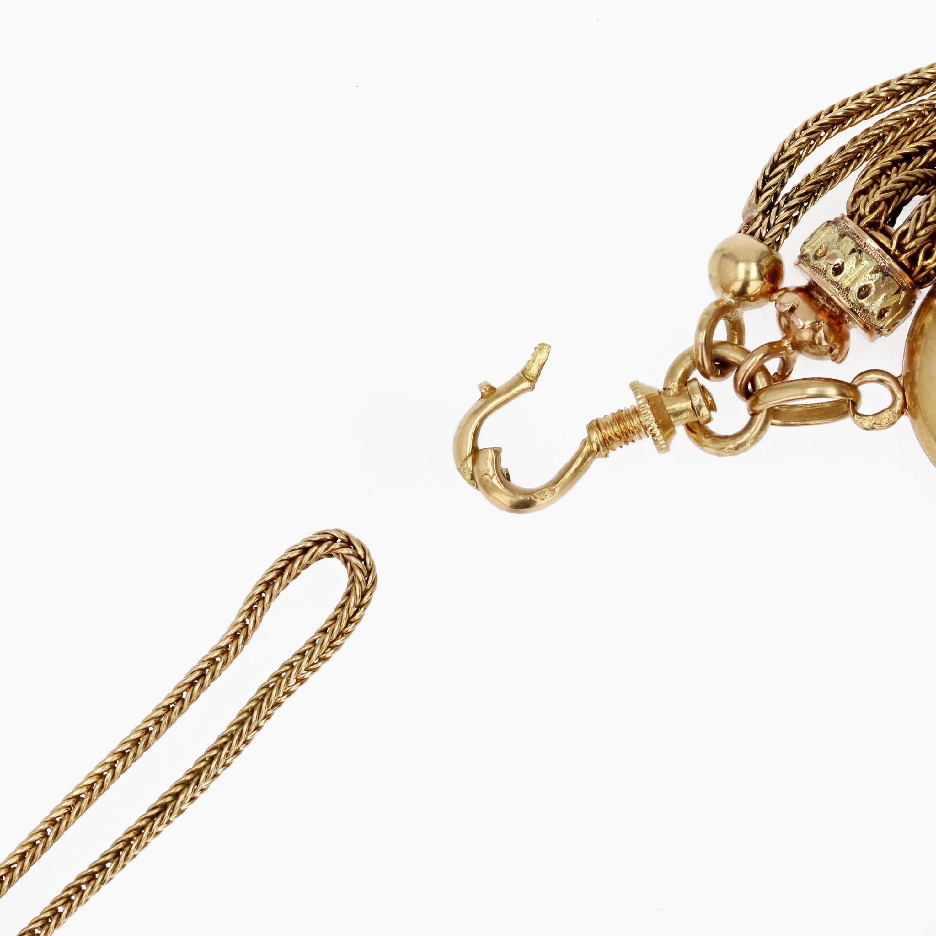 Long collier français du 19ème siècle en or jaune 18 carats avec médaillon et pompon en grenat  en vente 11