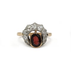 French 19th Century Garnet and Old-Cut Diamond Ring in 18K Gold