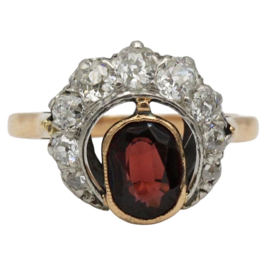 French 19th Century Garnet and Old-Cut Diamond Ring in 18K Gold