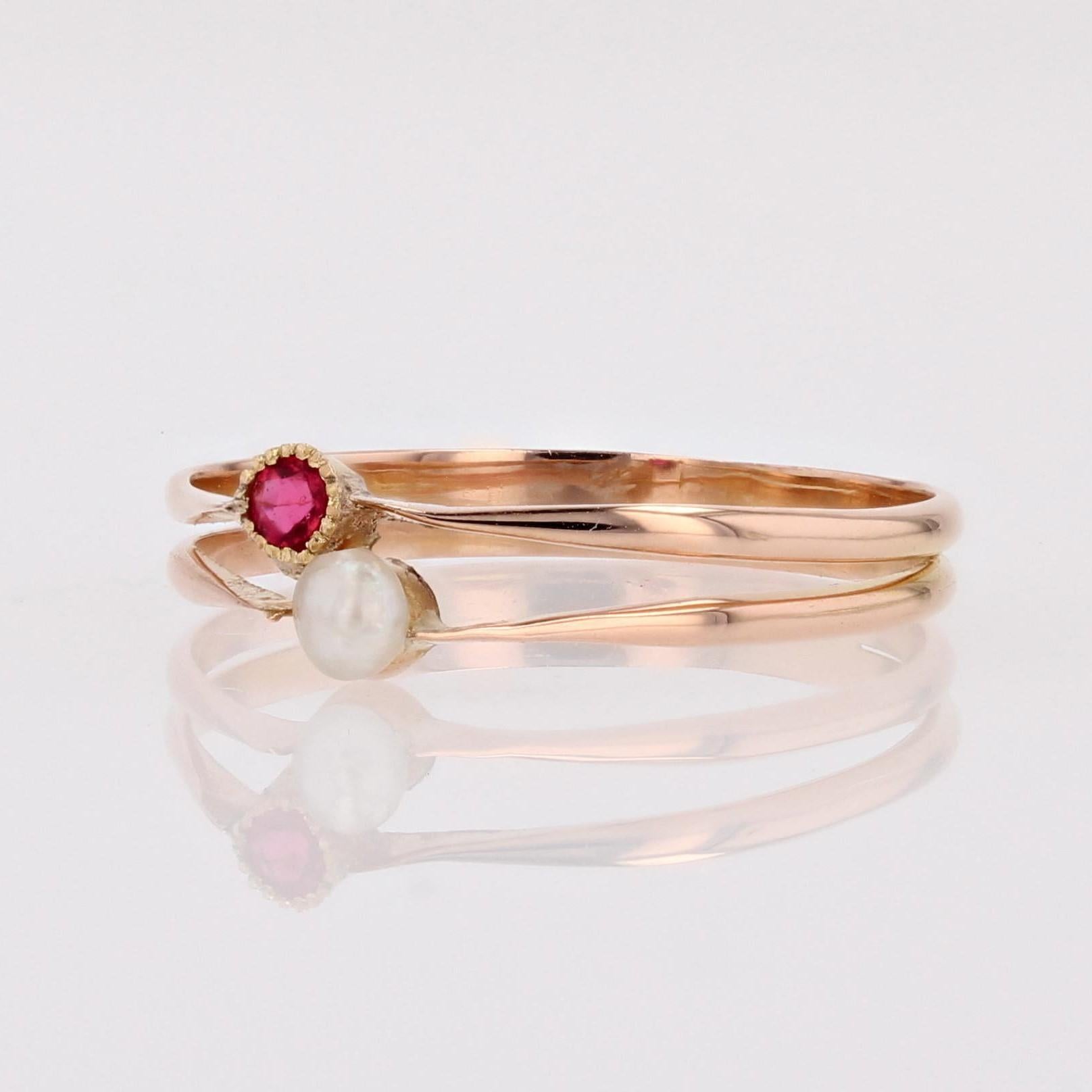 Französisch 19. Jahrhundert Granat Fein Perle 18 Karat Rose Gold Sie und ich Ring (Rundschliff)