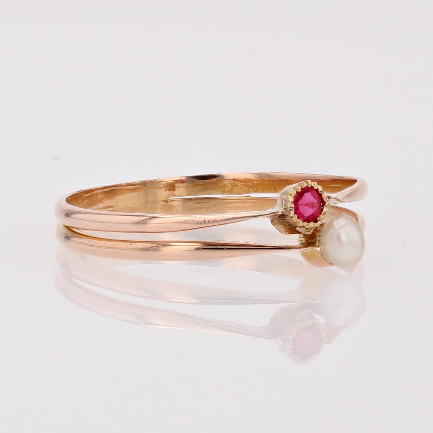 Französisch 19. Jahrhundert Granat Fein Perle 18 Karat Rose Gold Sie und ich Ring im Zustand „Gut“ in Poitiers, FR