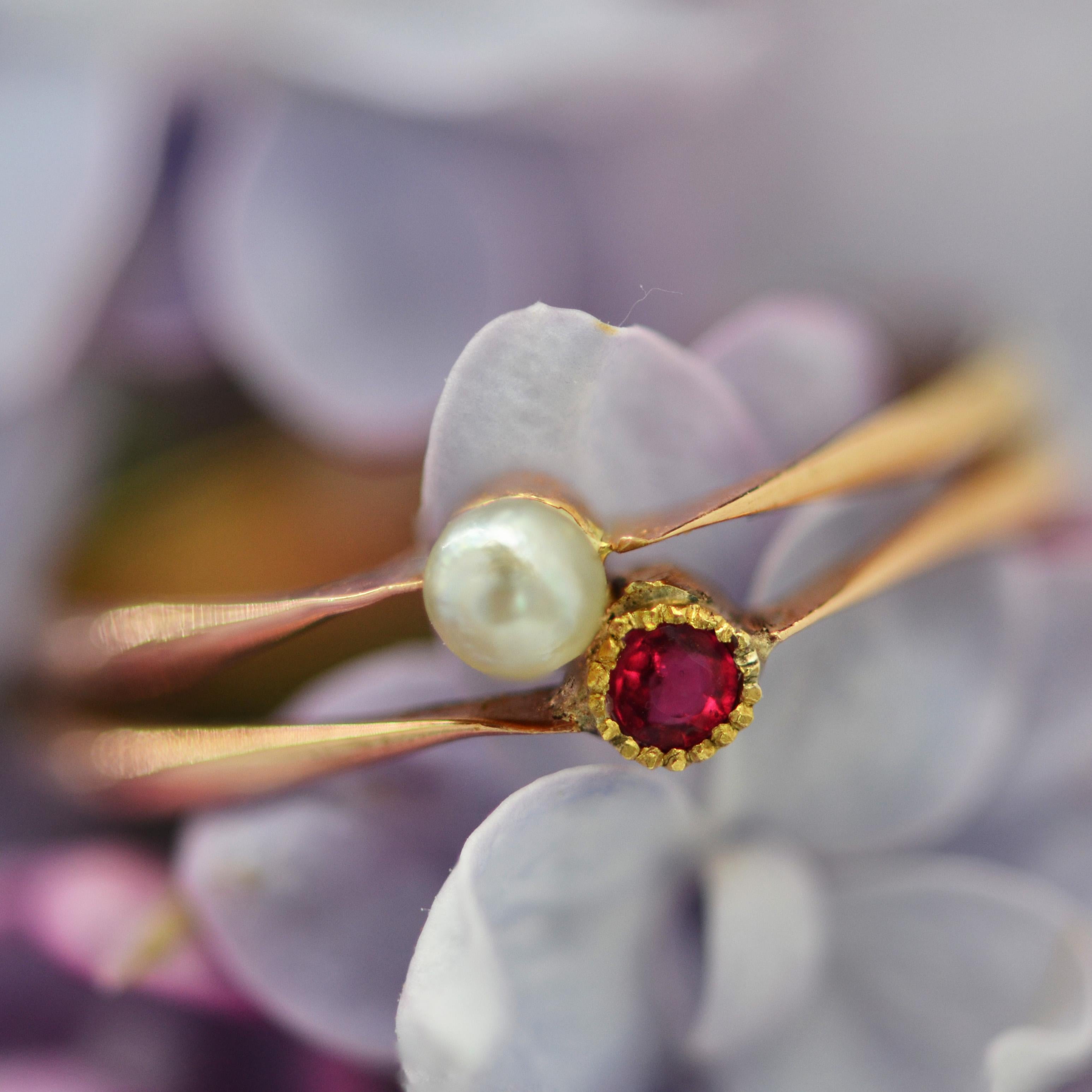 Französisch 19. Jahrhundert Granat Fein Perle 18 Karat Rose Gold Sie und ich Ring Damen