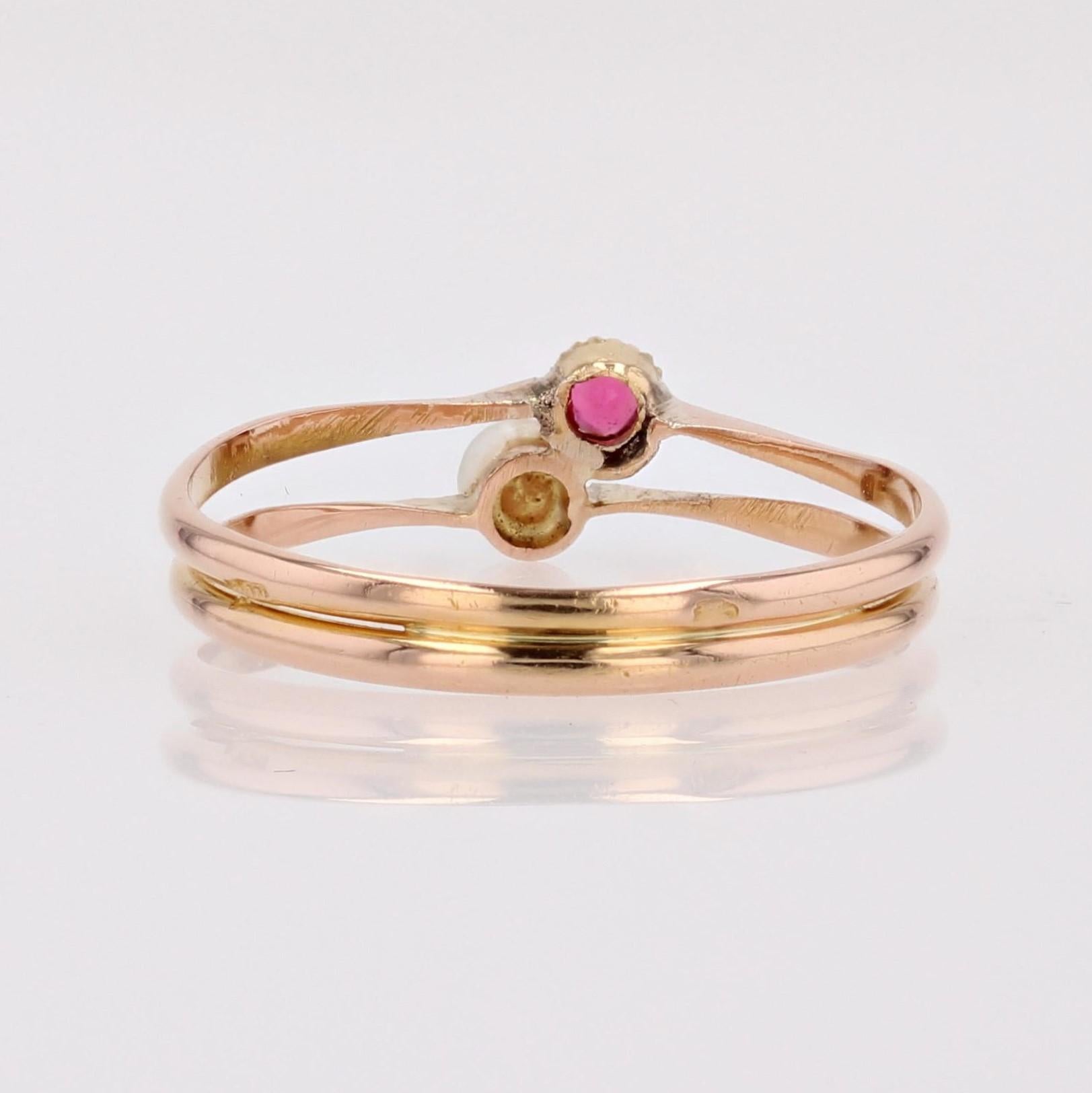 Französisch 19. Jahrhundert Granat Fein Perle 18 Karat Rose Gold Sie und ich Ring 2