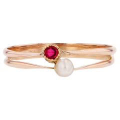 French 19th Century Garnet Fine Pearl 18 Karat Rose Gold You and Me Ring
