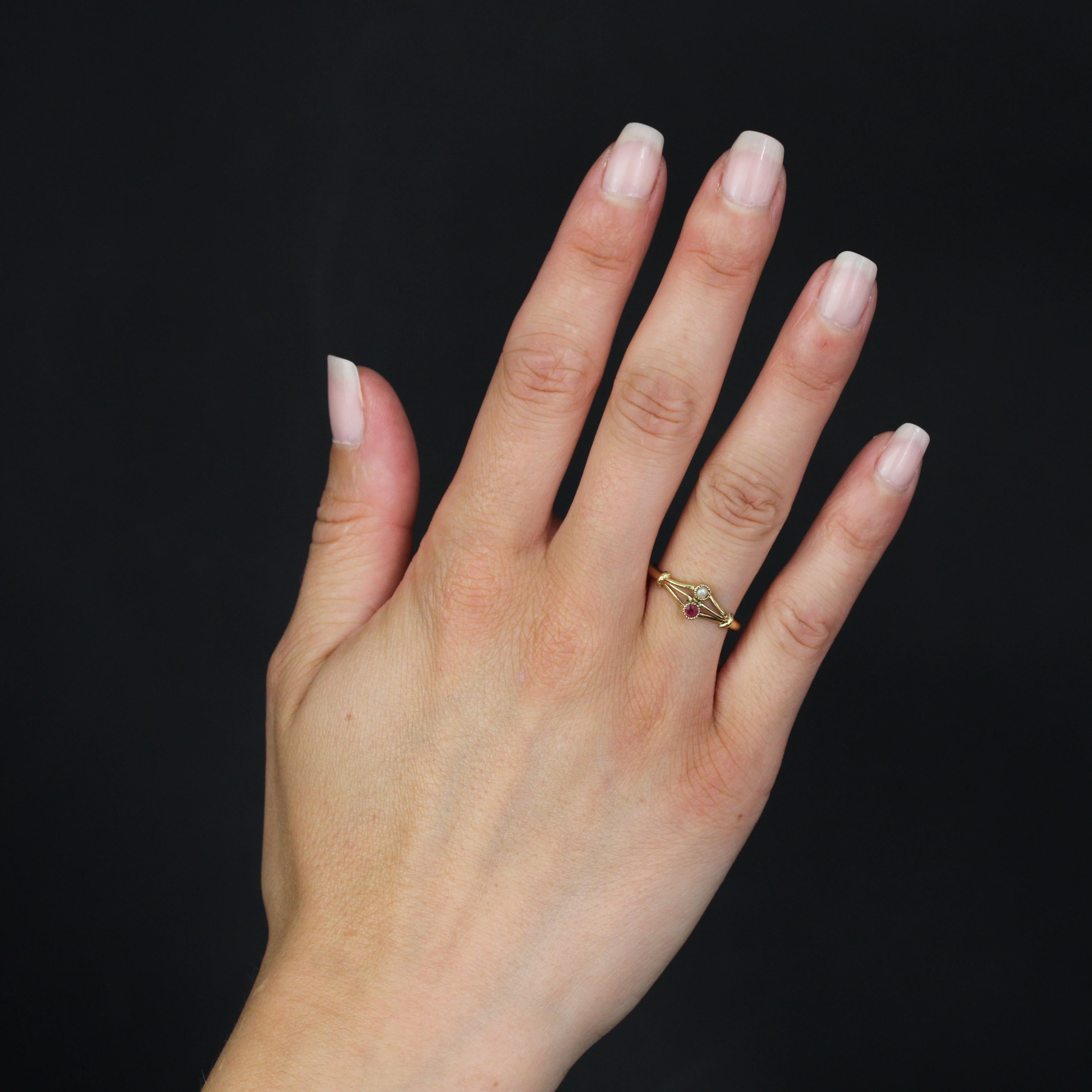 Ring in 18 karat yellow gold, eagle head hallmark.
Delightful fine ring in yellow gold, set with a half pearl and a round garnet.
Height : 7 mm approximately, width : 15.7 mm approximately, thickness : 3.3 mm approximately, width of the ring at the