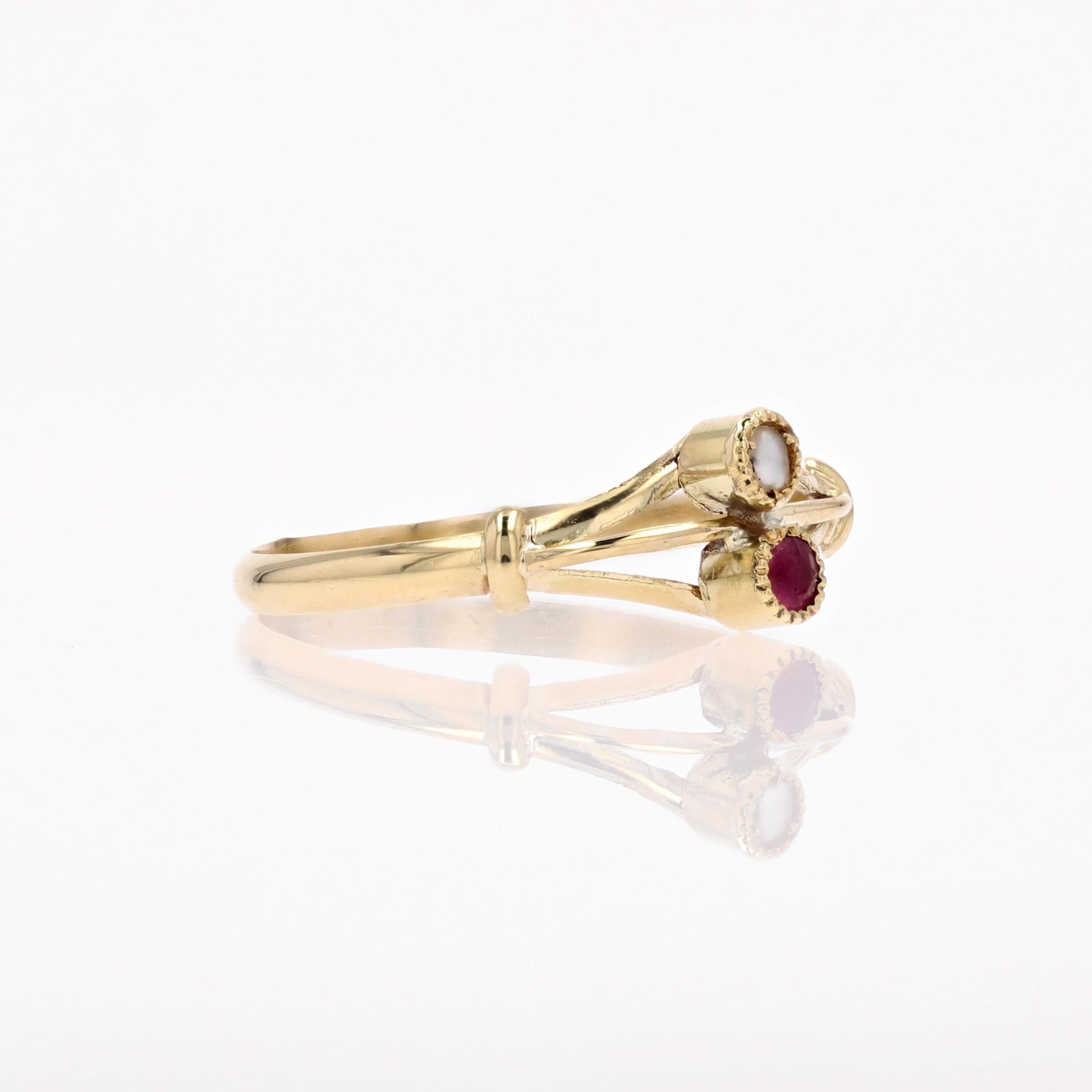 Round Cut French 19th Century Garnet Fine Pearl 18 Karat Yellow Gold You and Me Ring For Sale