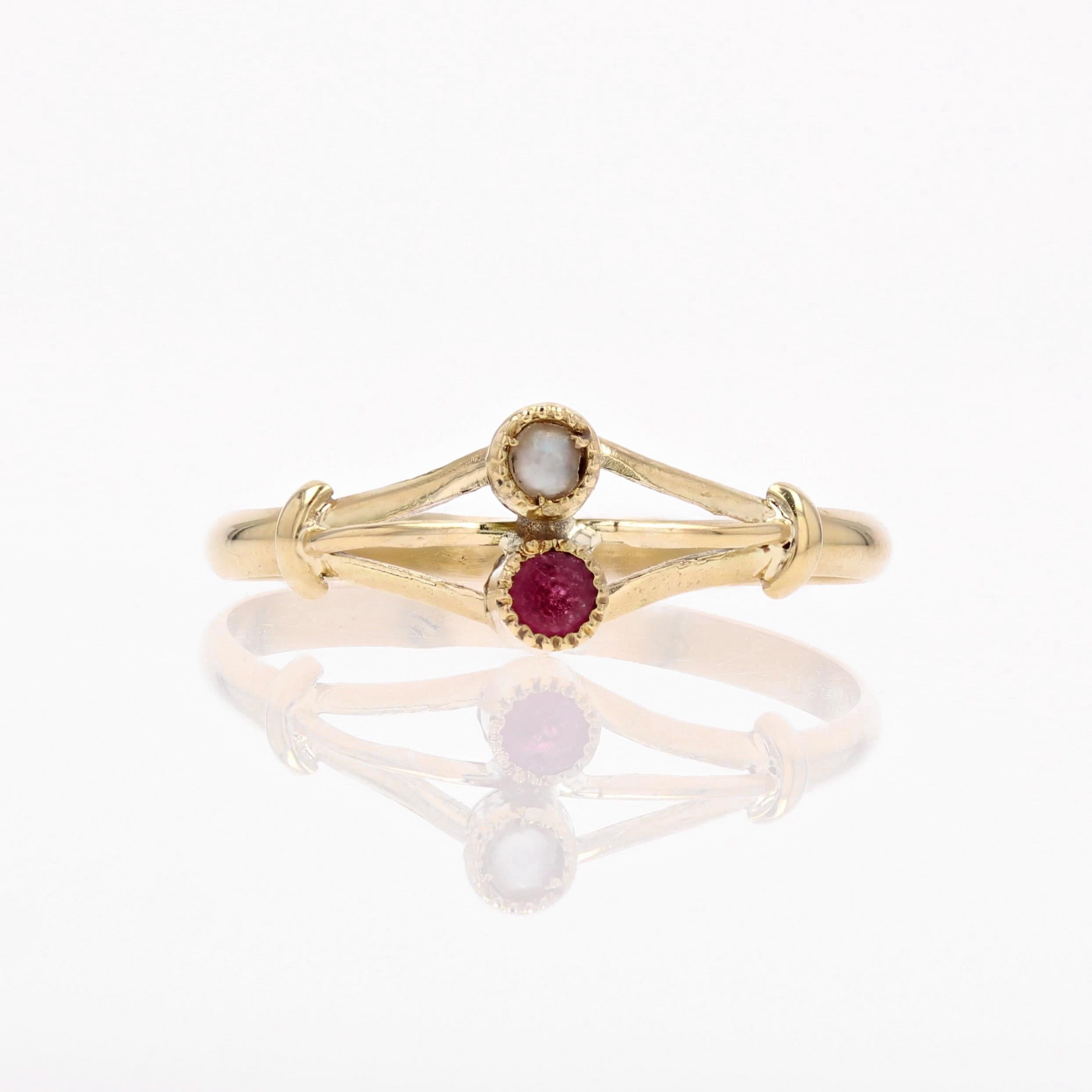 Women's French 19th Century Garnet Fine Pearl 18 Karat Yellow Gold You and Me Ring For Sale