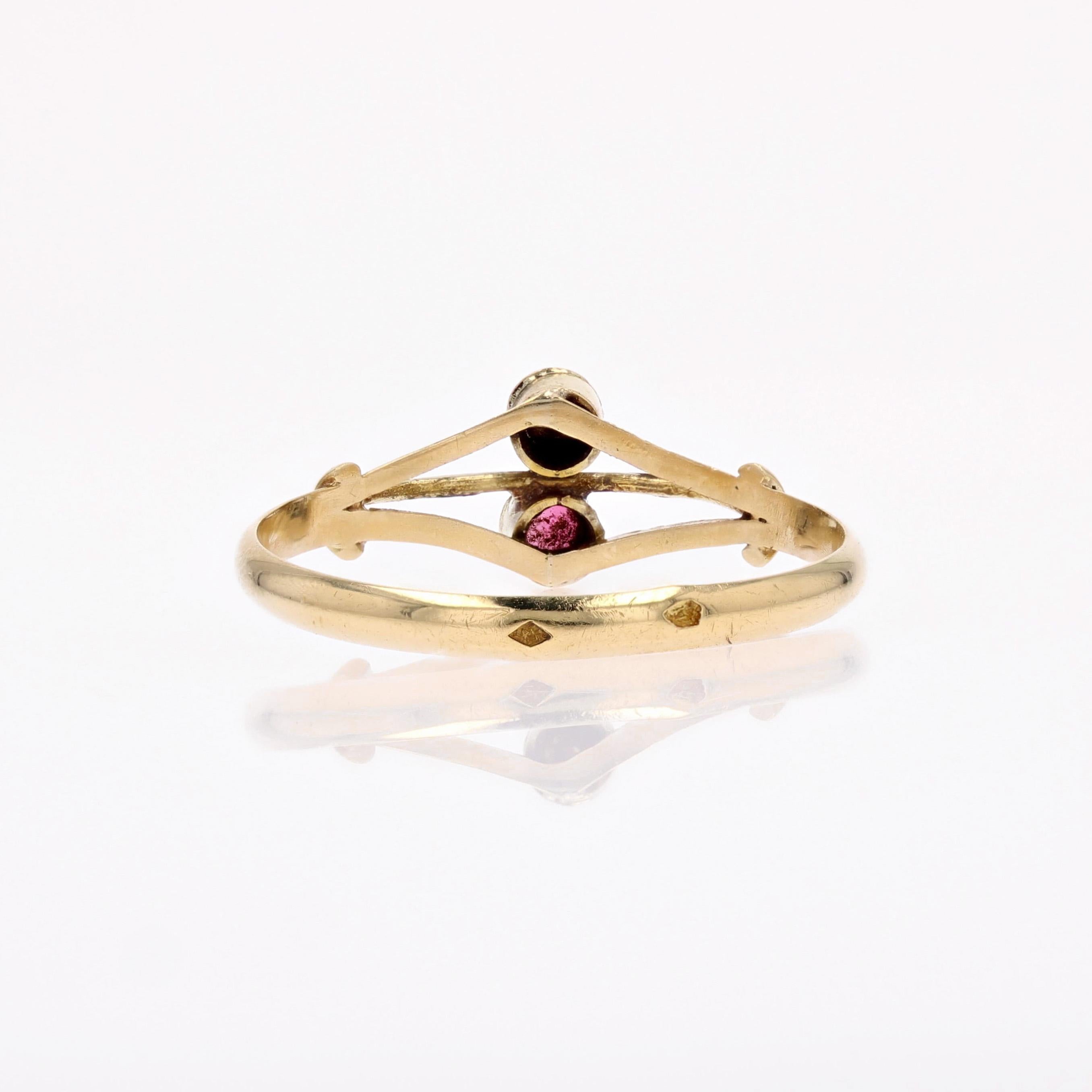 French 19th Century Garnet Fine Pearl 18 Karat Yellow Gold You and Me Ring For Sale 1