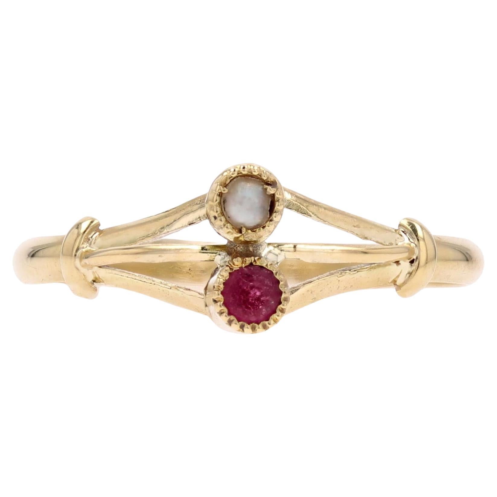 French 19th Century Garnet Fine Pearl 18 Karat Yellow Gold You and Me Ring