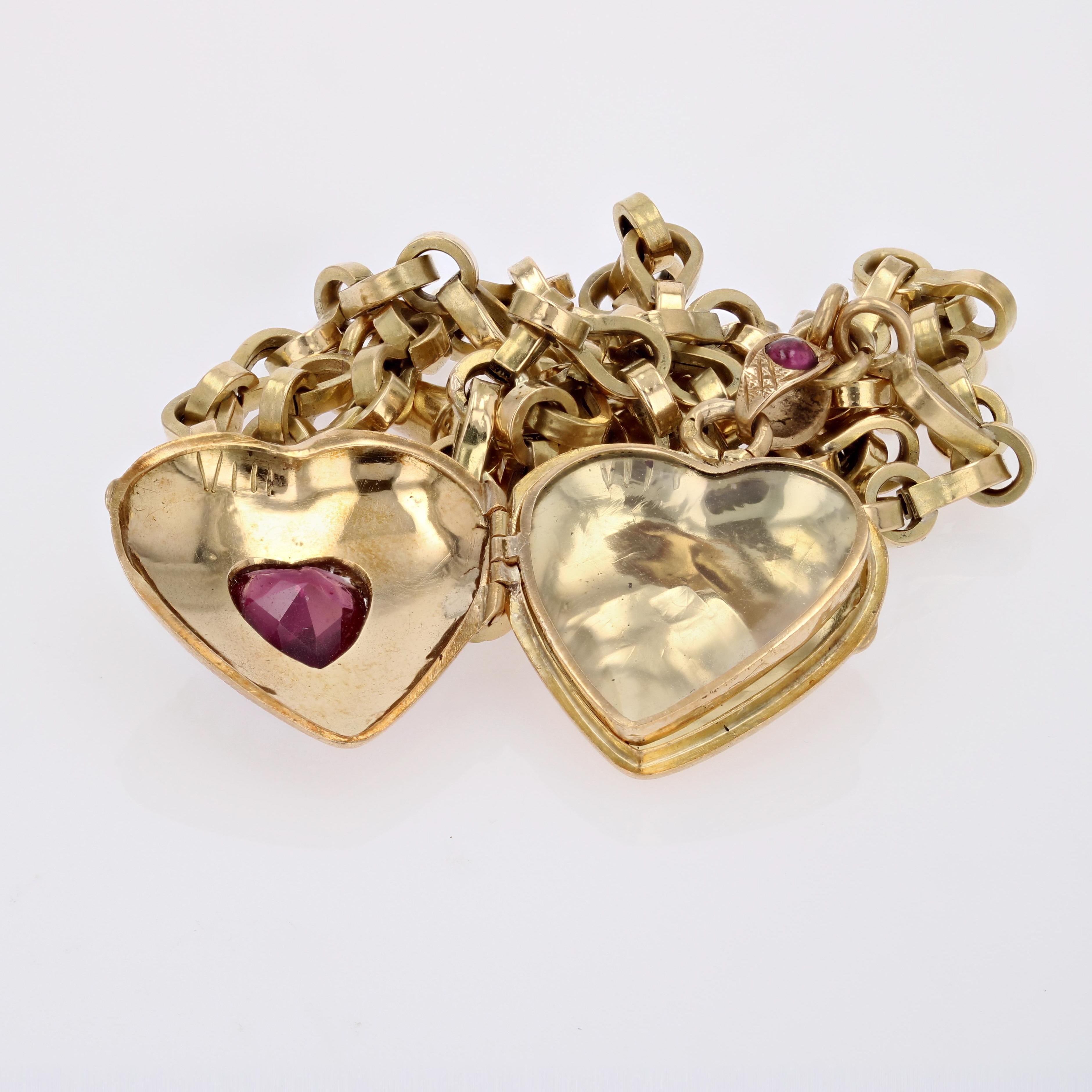 Médaillon et chaîne français du 19ème siècle en or jaune 18 carats avec grenats fins et perles en vente 13
