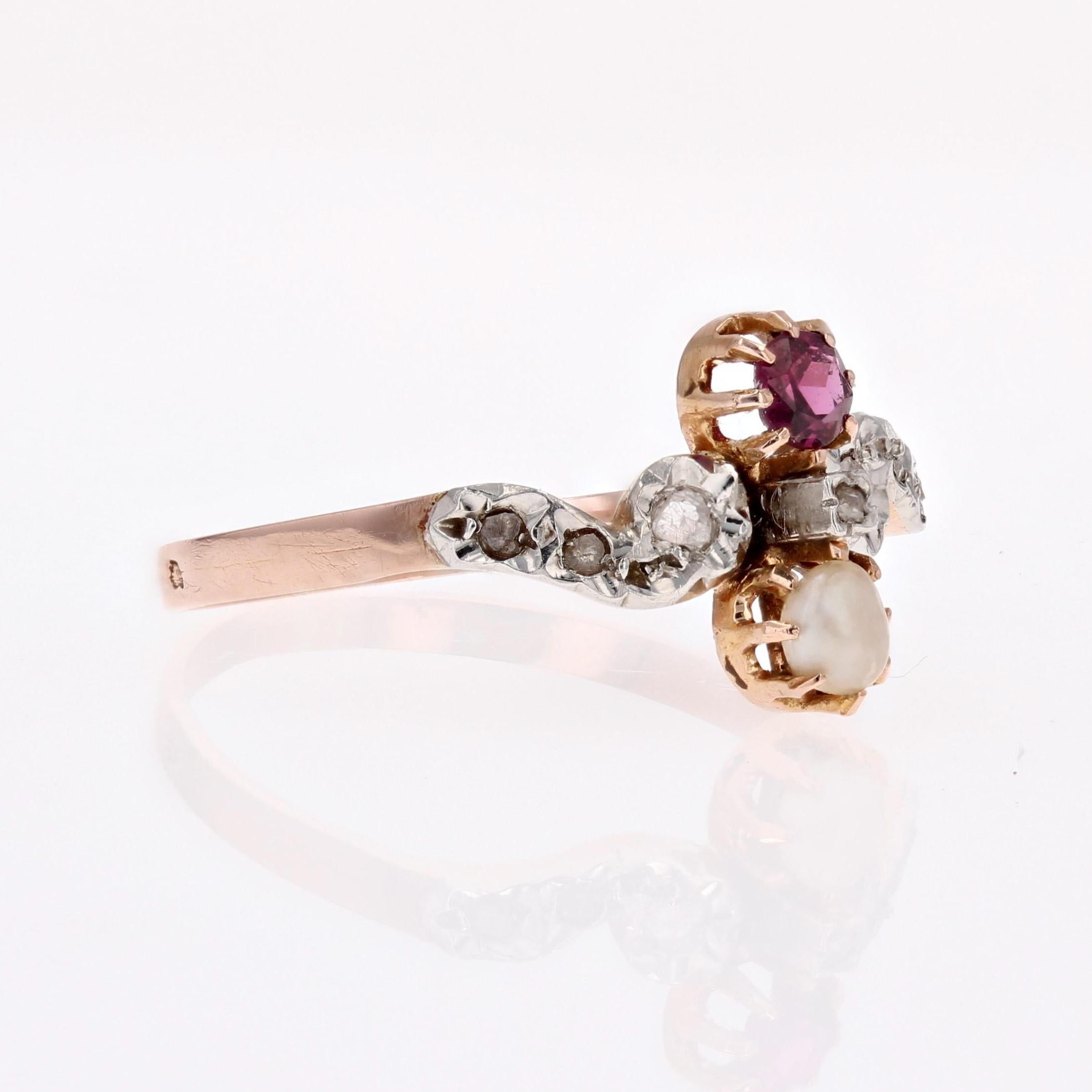 French 19th Century Garnet Fine Pearl Diamonds 18 Karat Rose Gold Ring For Sale 5