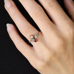 French 19th Century Garnet Fine Pearl Diamonds 18 Karat Rose Gold Ring