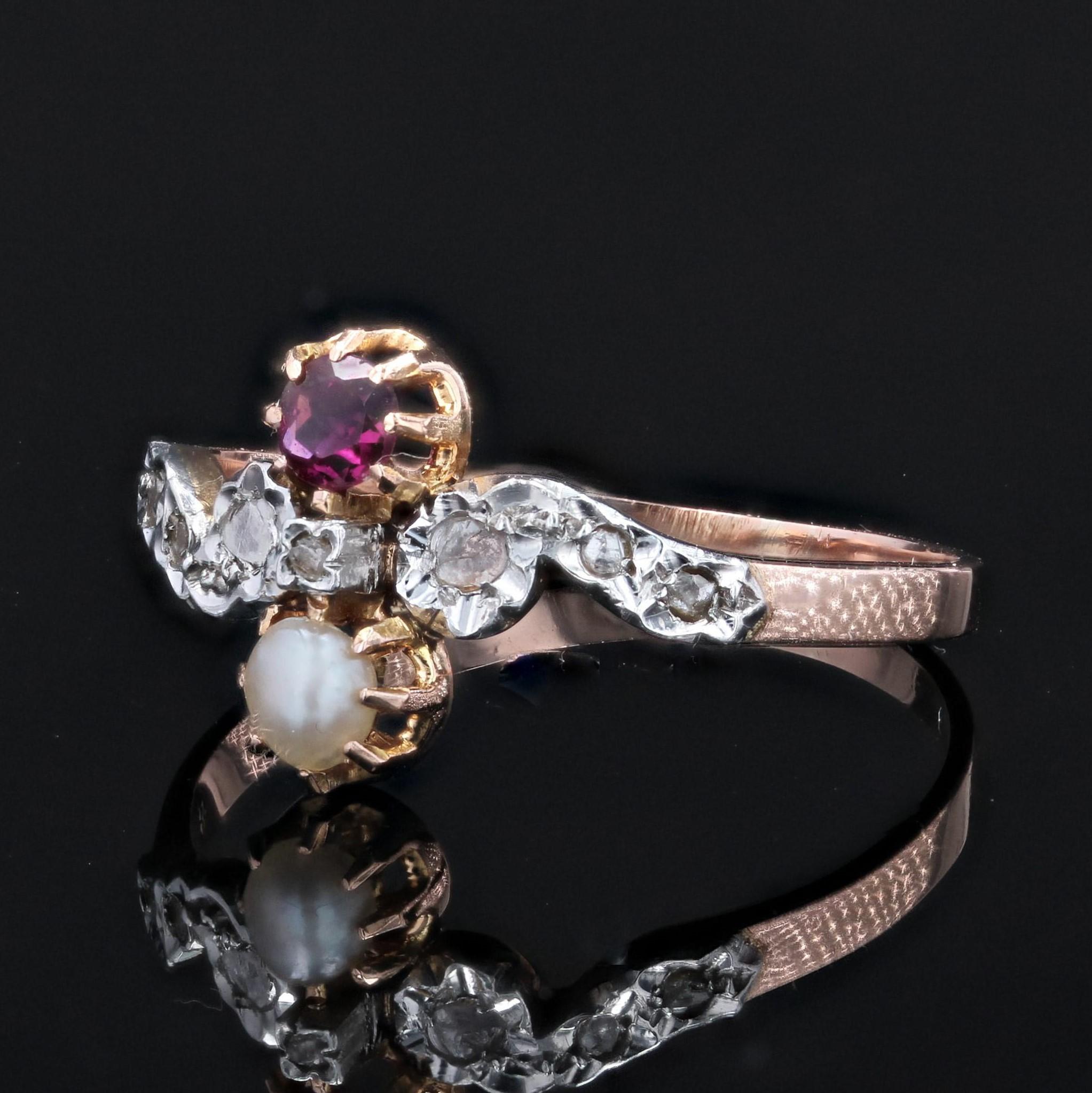 French 19th Century Garnet Fine Pearl Diamonds 18 Karat Rose Gold Ring For Sale 1