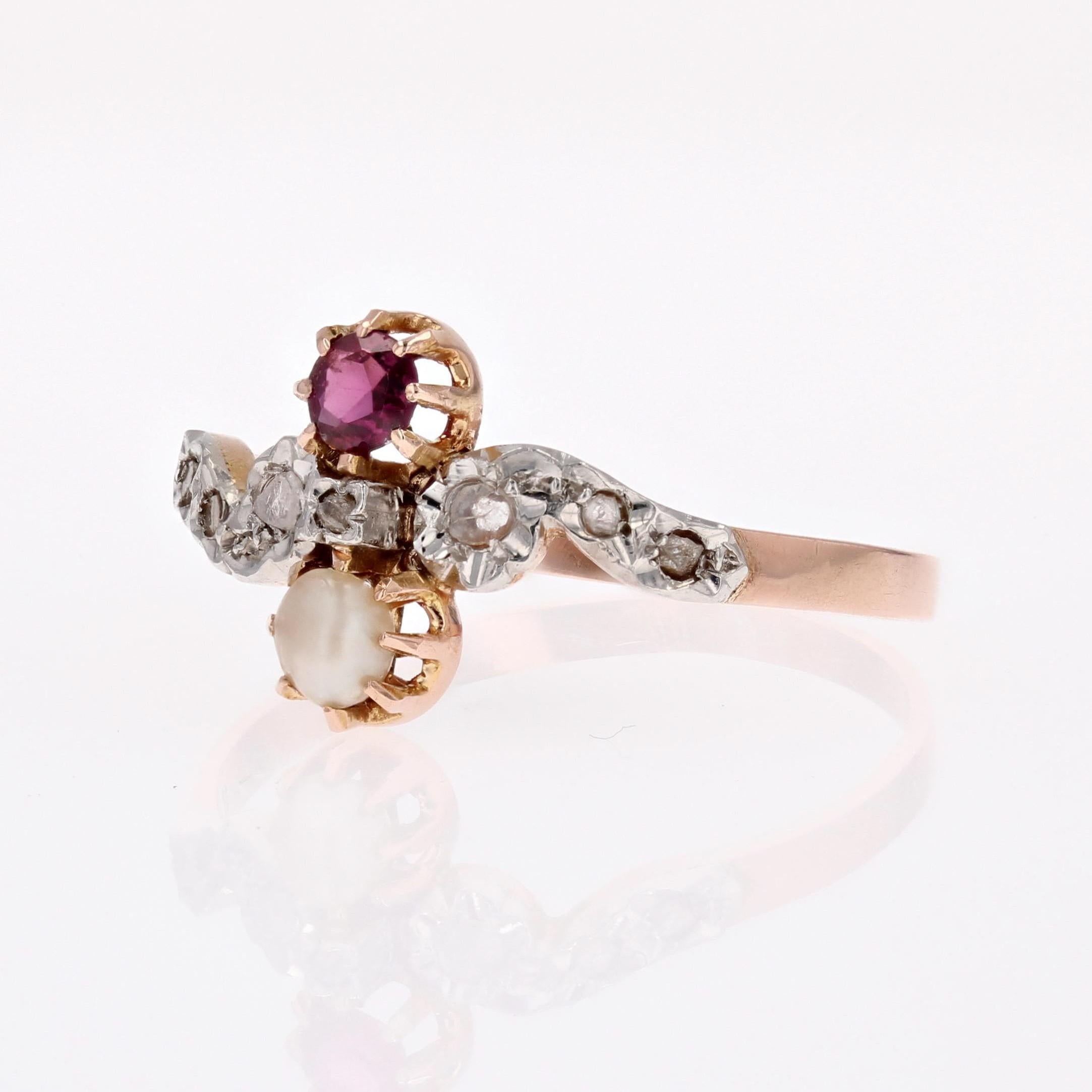 French 19th Century Garnet Fine Pearl Diamonds 18 Karat Rose Gold Ring For Sale 2